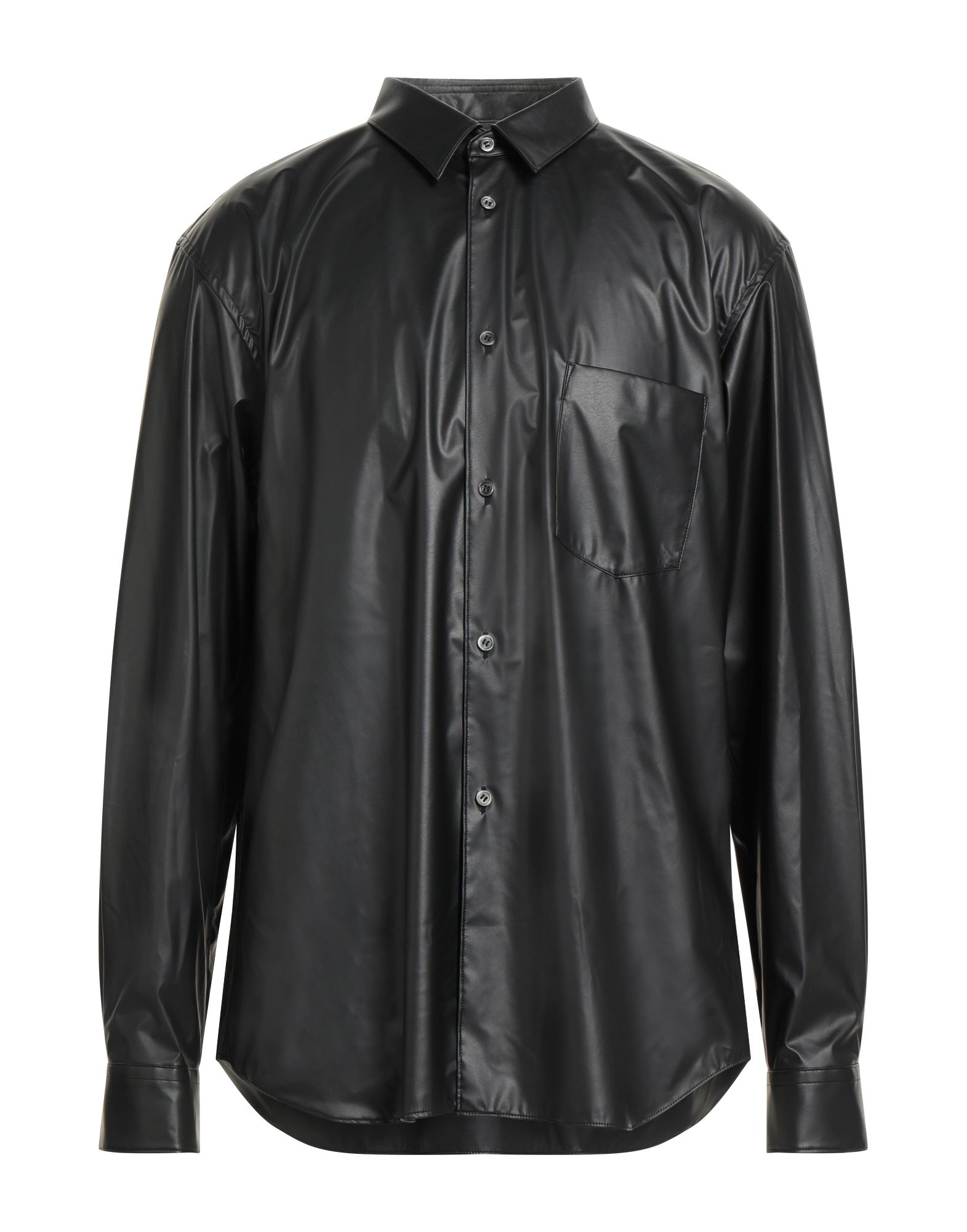 레귤러 셔츠, 인조가죽, 솔리드 컬러, 장식 부착 없음, 클래식 칼라, 롱 슬리브, 버튼 커프스, 버튼 여밈, 포켓 1개, 손세탁 또는 드라이클리닝, 표백 금지, 건조기 사용불가, 다림질 금지. 이미지