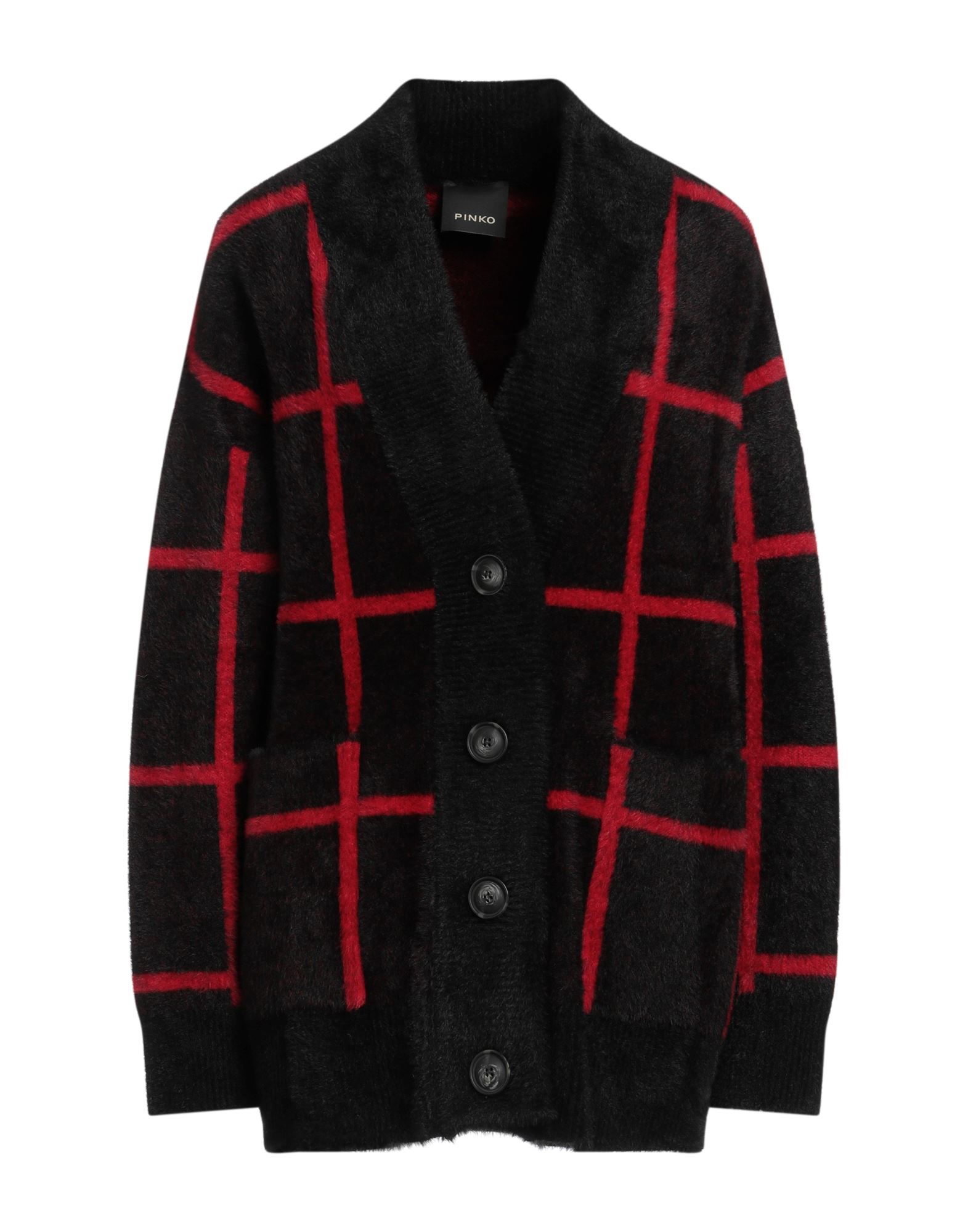 니트 소재, 미디엄웨이트 니트, 체크, 브랜드 로고, 롱 슬리브, 버튼 여밈, 멀티 포켓, 손세탁, 표백 금지, 건조기 사용불가. 이미지