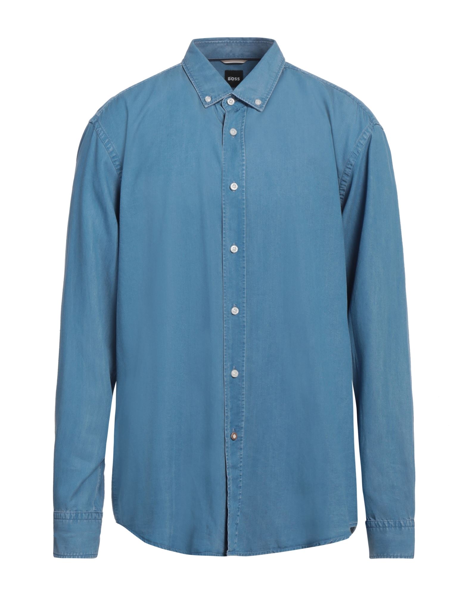 샴브레이, 솔리드 컬러, 장식 부착 없음, 다크 워싱, 버튼다운 칼라, 롱 슬리브, 버튼 커프스, 버튼 여밈, 세탁기 세탁 또는 드라이클리닝, 표백 금지, 건조기 사용불가. 이미지