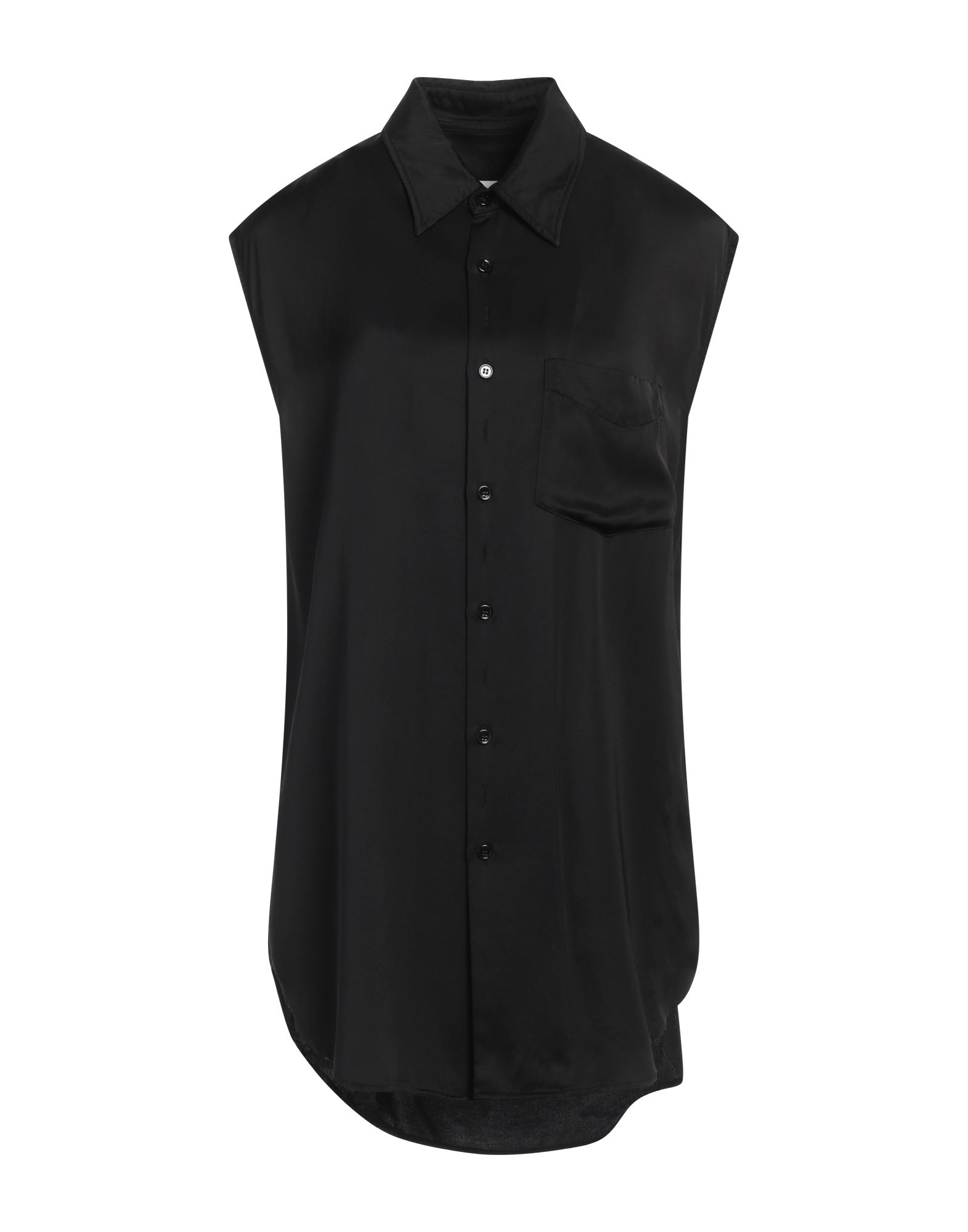 셔츠, 새틴, 솔리드 컬러, 장식 부착 없음, 클래식 칼라, 슬리브리스, 버튼 여밈, 포켓 1개, 동물성 비섬유 자재 함유, 드라이클리닝, 표백 금지, 건조기 사용불가. 이미지