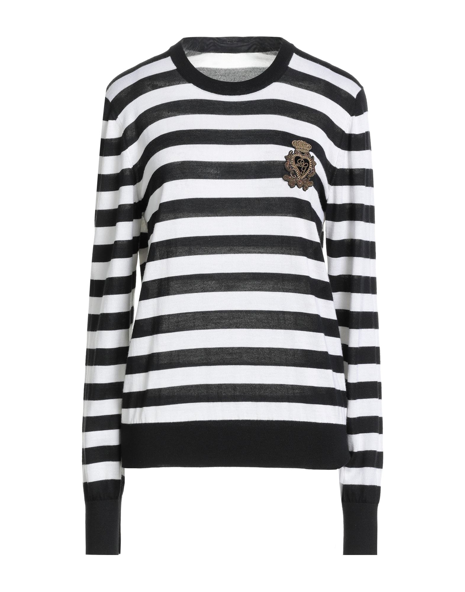 니트 소재, 라이트웨이트 니트, 스트라이프, 자수 로고 장식, 크루넥, 롱 슬리브, 드라이클리닝, 표백 금지, 건조기 사용불가. 이미지