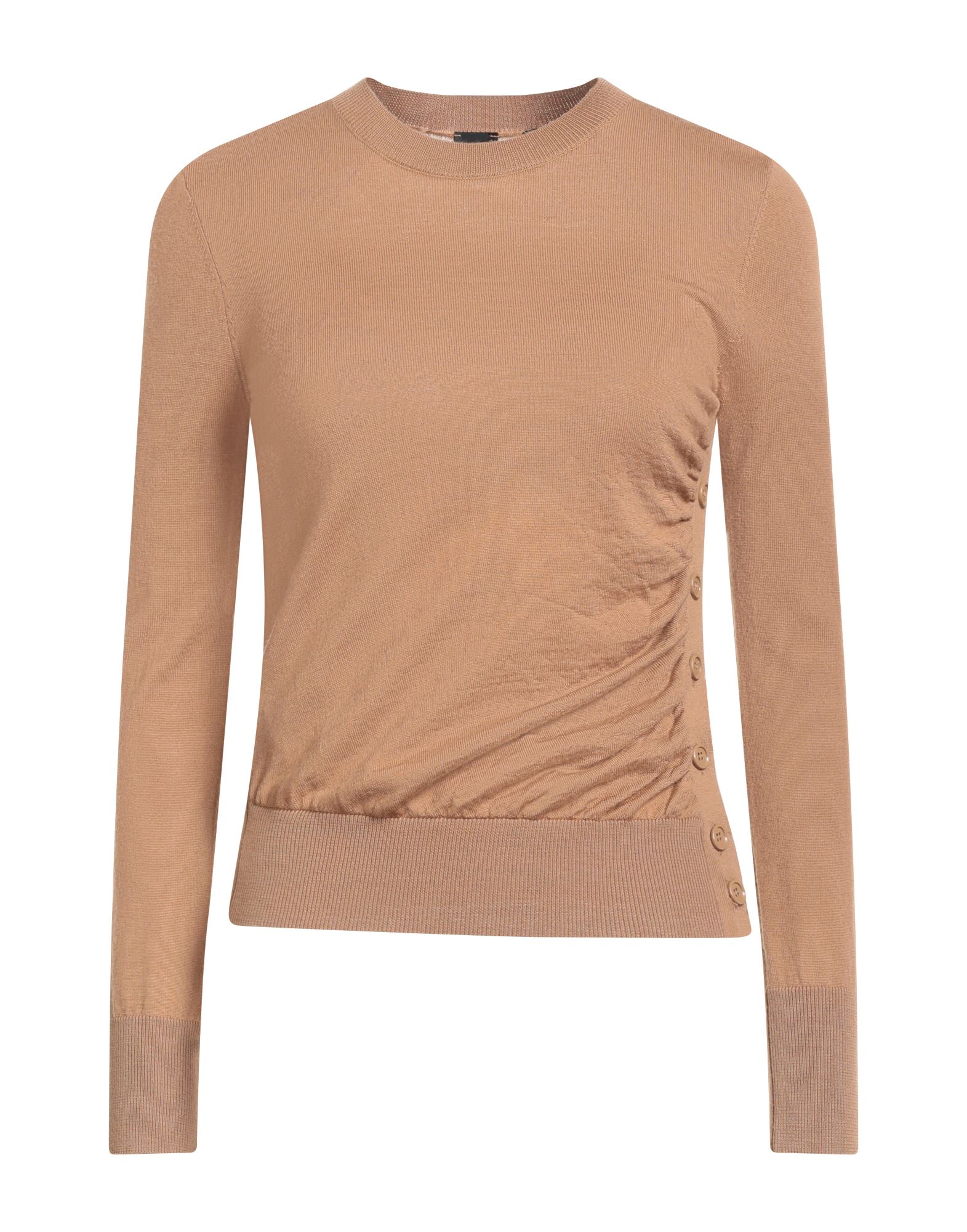 니트 소재, 라이트웨이트 니트, 개더 디테일, 솔리드 컬러, 크루넥, 롱 슬리브, 손세탁 또는 드라이클리닝, 표백 금지, 건조기 사용불가. 이미지