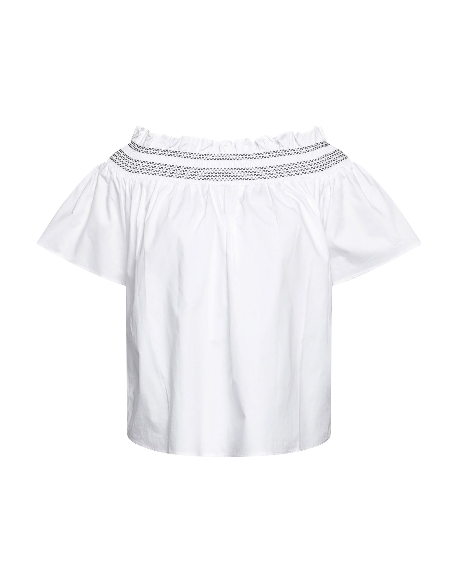 탑, 우븐, 장식 디테일 솔리드 컬러, 자수 장식, 개더 디테일, 보트 네크라인, 쇼트 슬리브. 이미지