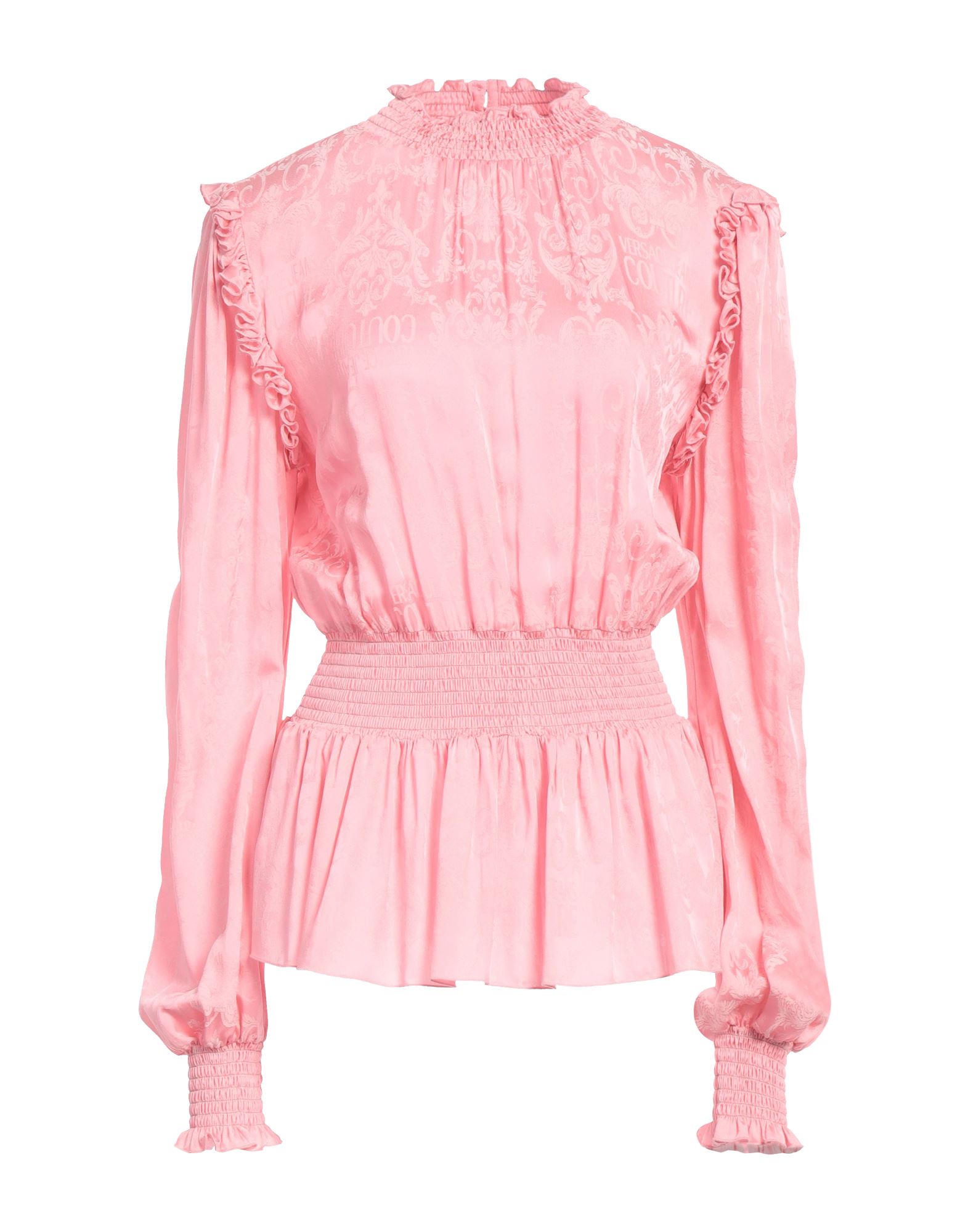 루쉬 디테일 탑, 새틴, 자카드, 시그니처 프린트, 장식 부착 없음, 터틀넥, 롱 슬리브, 손세탁 또는 드라이클리닝, 표백 금지, 건조기 사용불가, 이 브랜드는 사이즈가 작게 나옵니다. 이미지