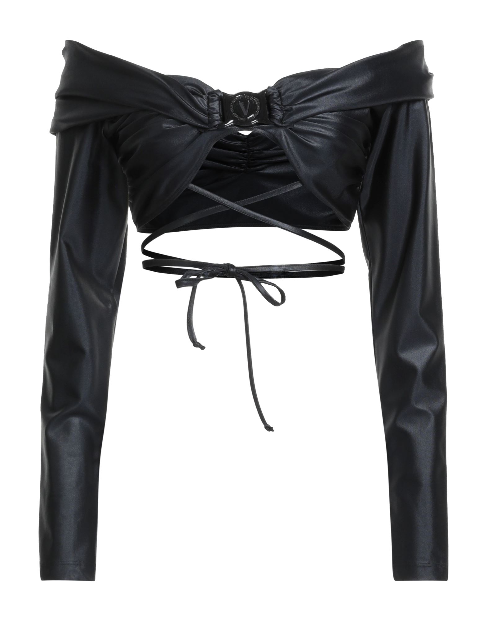 크롭 탑, 합성 저지, 스트레치 패브릭, 장식 디테일 솔리드 컬러, 브랜드 로고, 개더 디테일, 오프숄더, 롱 슬리브, 썸 홀 커프스, 타이 여밈, 세탁기로 세탁, 표백 금지, 건조기 사용불가, 이 브랜드는 사이즈가 작게 나옵니다. 이미지