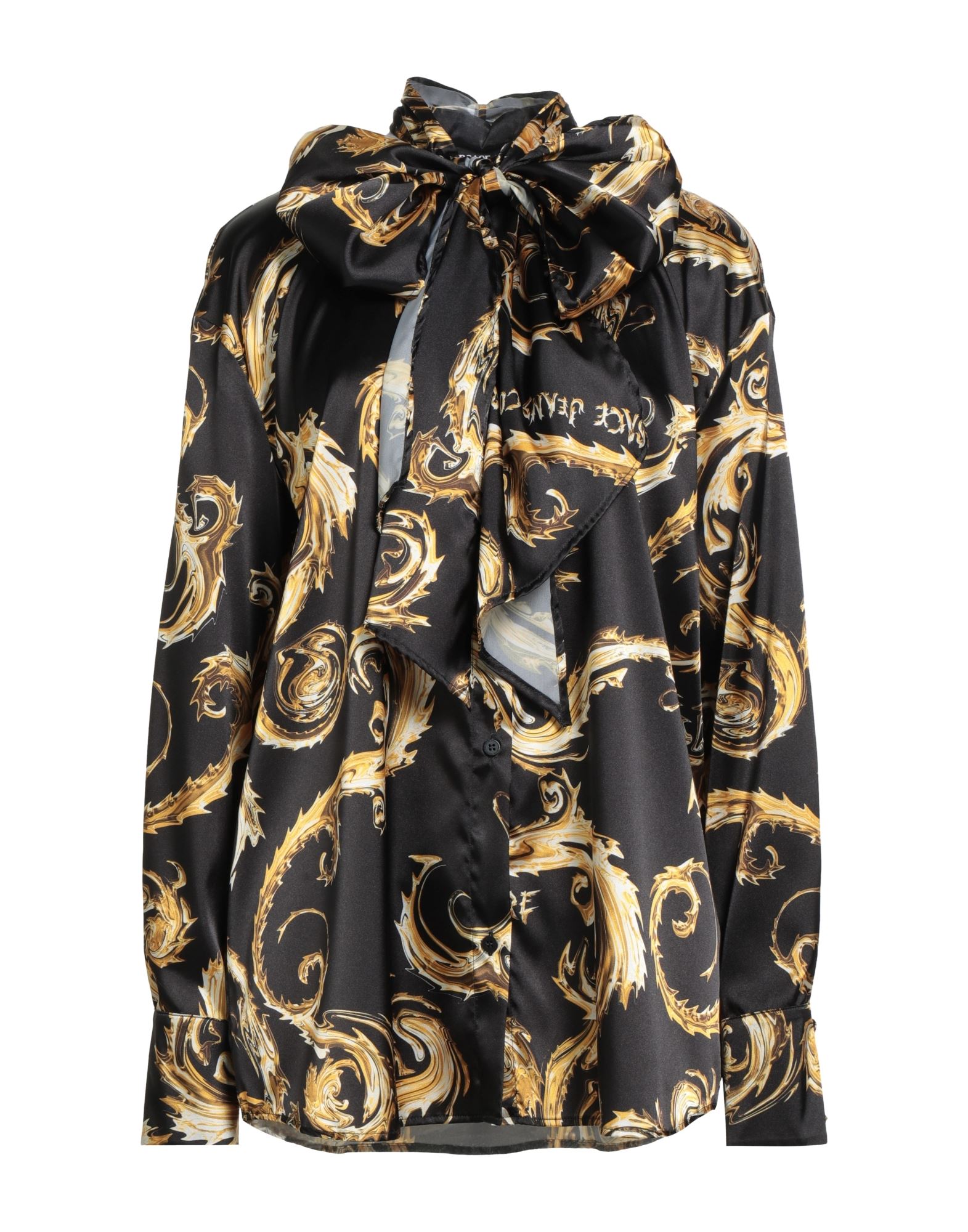 보우 디테일 셔츠, 새틴, 스트레치 패브릭, 시그니처 프린트, 브랜드 로고, 롱 슬리브, 버튼 커프스, 세탁기 세탁 또는 드라이클리닝, 표백 금지, 건조기 사용불가, 이 브랜드는 사이즈가 작게 나옵니다. 이미지