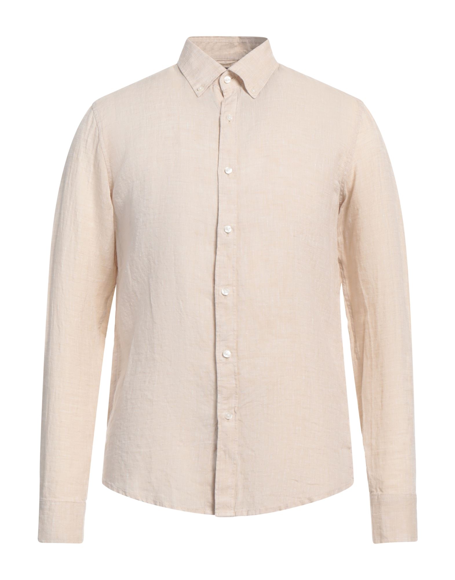 레귤러 셔츠, 리넨, 솔리드 컬러, 브랜드 로고, 버튼다운 칼라, 롱 슬리브, 버튼 커프스, 버튼 여밈. 이미지