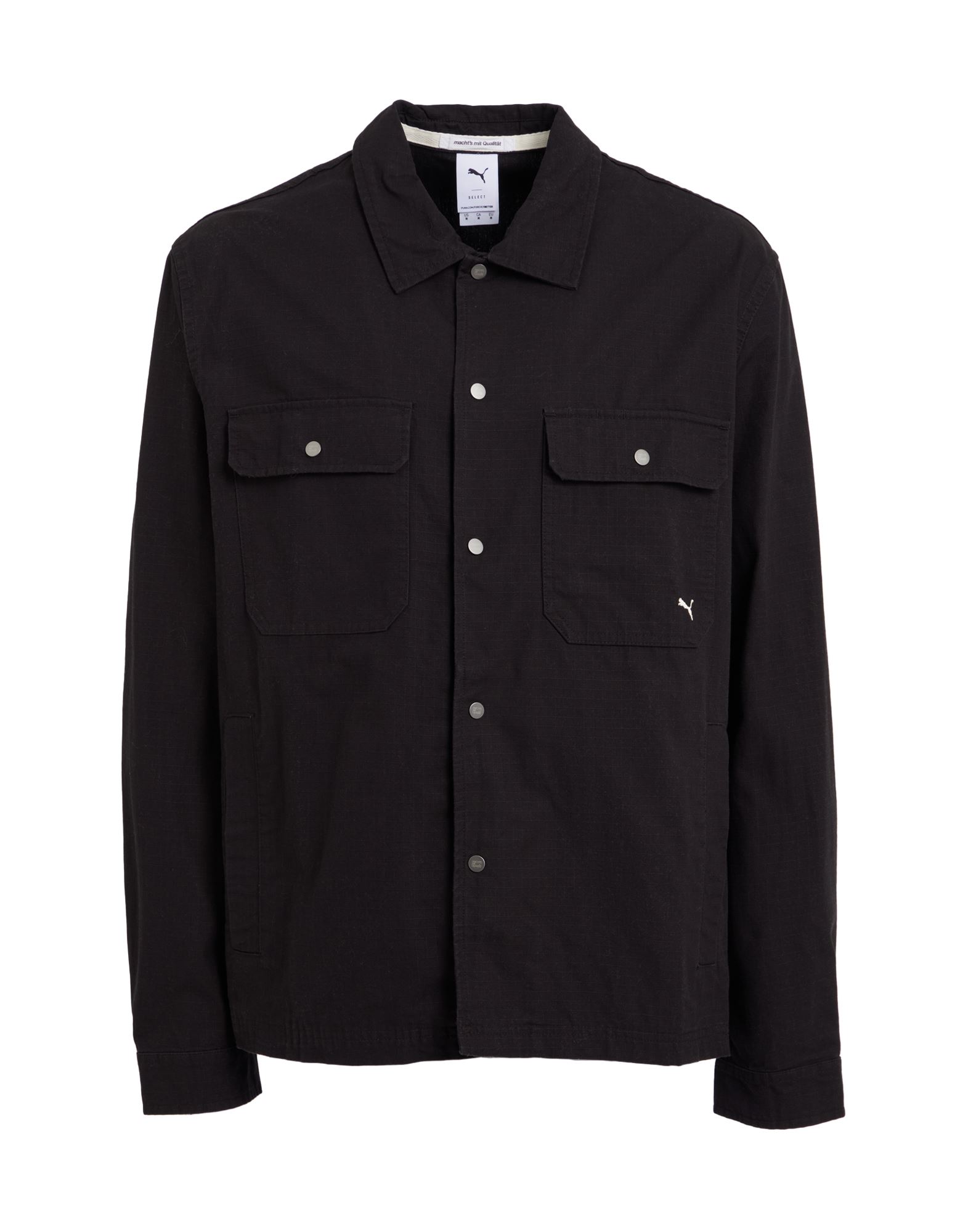 우븐, 브랜드 로고, 솔리드 컬러, 클래식 칼라, 롱 슬리브, 스냅버튼 커프스, 스냅버튼 여밈, 멀티 포켓, 스냅버튼 포켓, lifestyle, 셔츠 자켓. 이미지