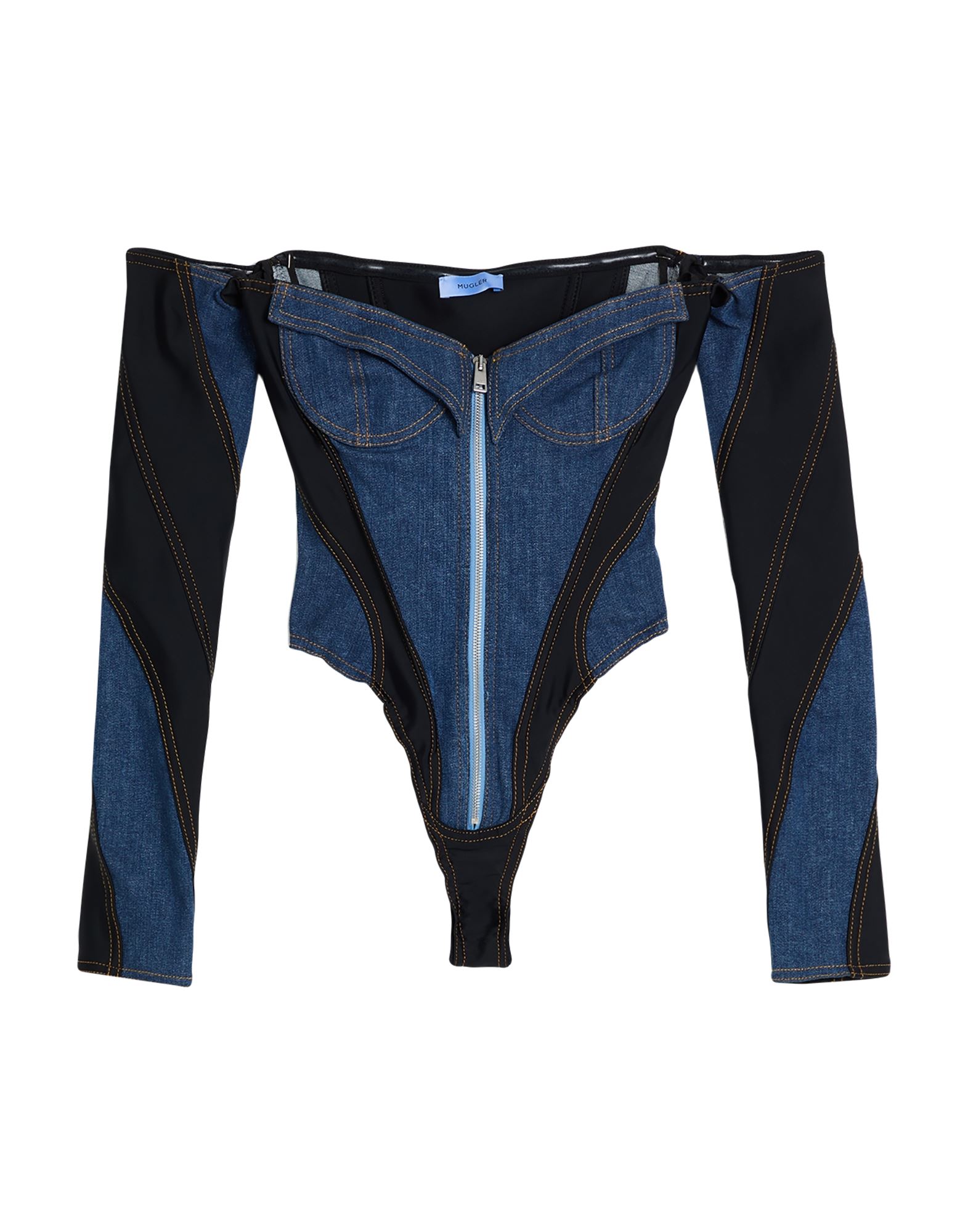 합성 저지, 데님, 투톤 패턴, 장식 부착 없음, 오프숄더, 롱 슬리브, 지퍼 여밈, 스냅버튼 여밈, 세탁기 세탁 또는 드라이클리닝, 표백 금지, 건조기 사용불가. 이미지