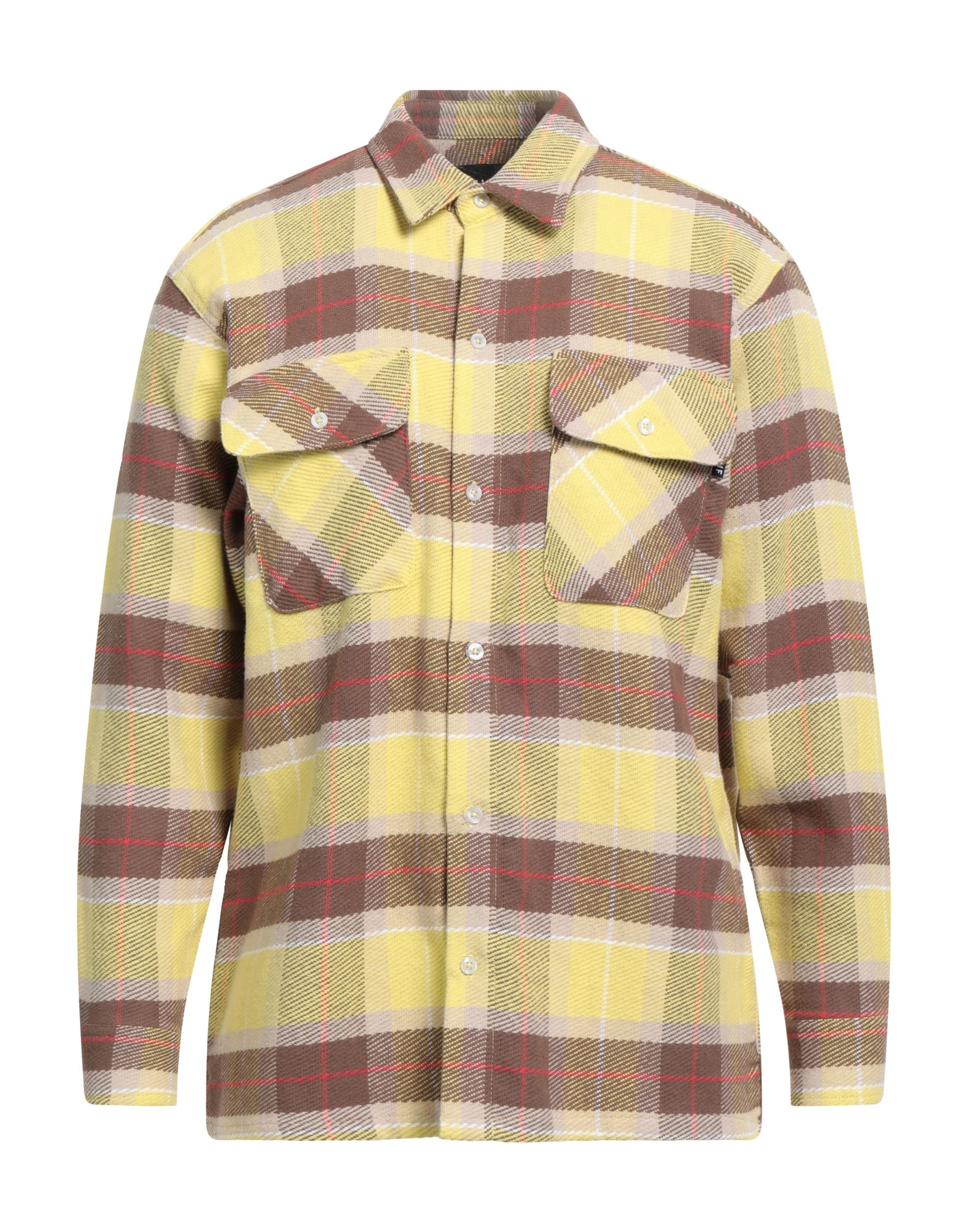 셔츠 자켓, 플란넬, 타탄체크, 브랜드 로고, 클래식 칼라, 롱 슬리브, 버튼 여밈, 포켓 2개, 플랩 포켓, 세탁기로 세탁, 표백 금지, 건조기 사용가능. 이미지