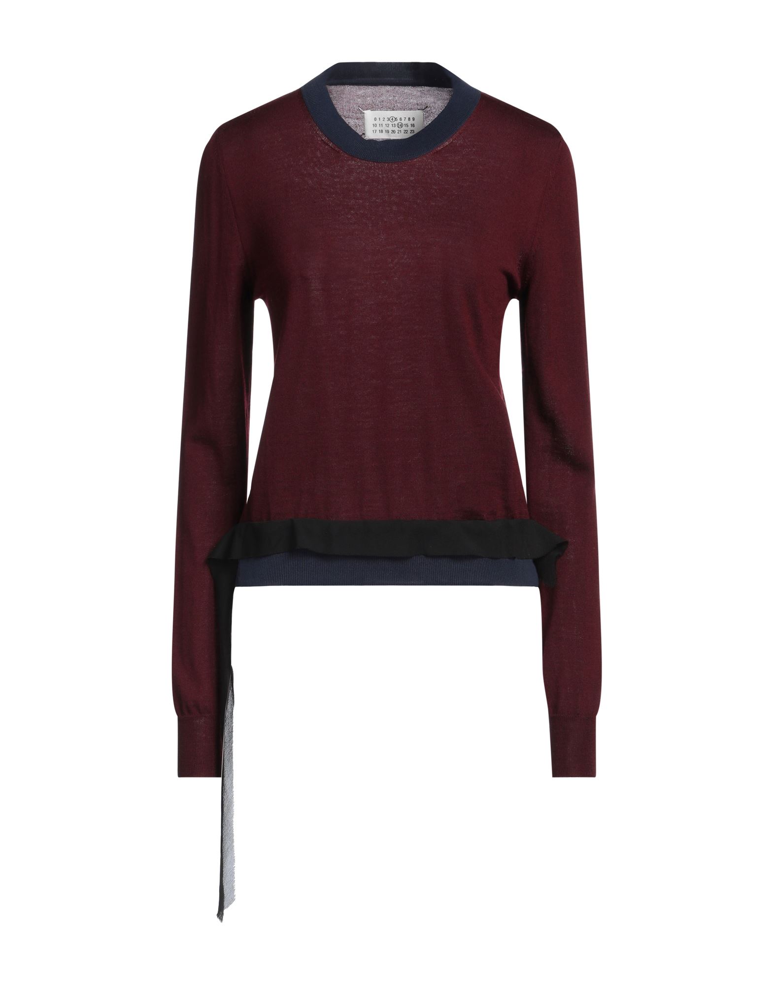 니트 소재, 라운드 네크라인, 멀티컬러 패턴, 롱 슬리브. 이미지