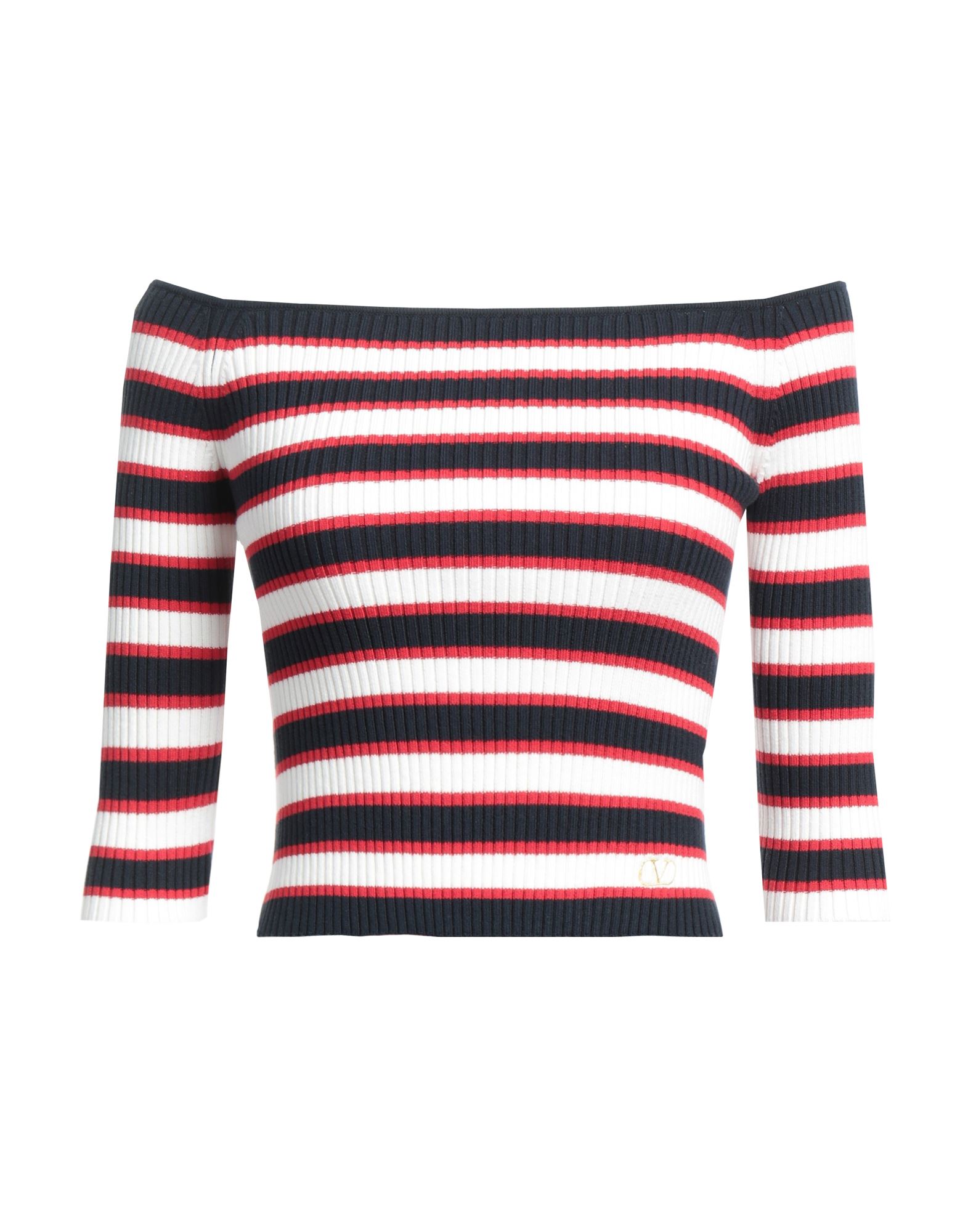 니트 소재, 스트라이프, 장식 부착 없음, 와이드 네크라인, 3/4길이 슬리브. 이미지