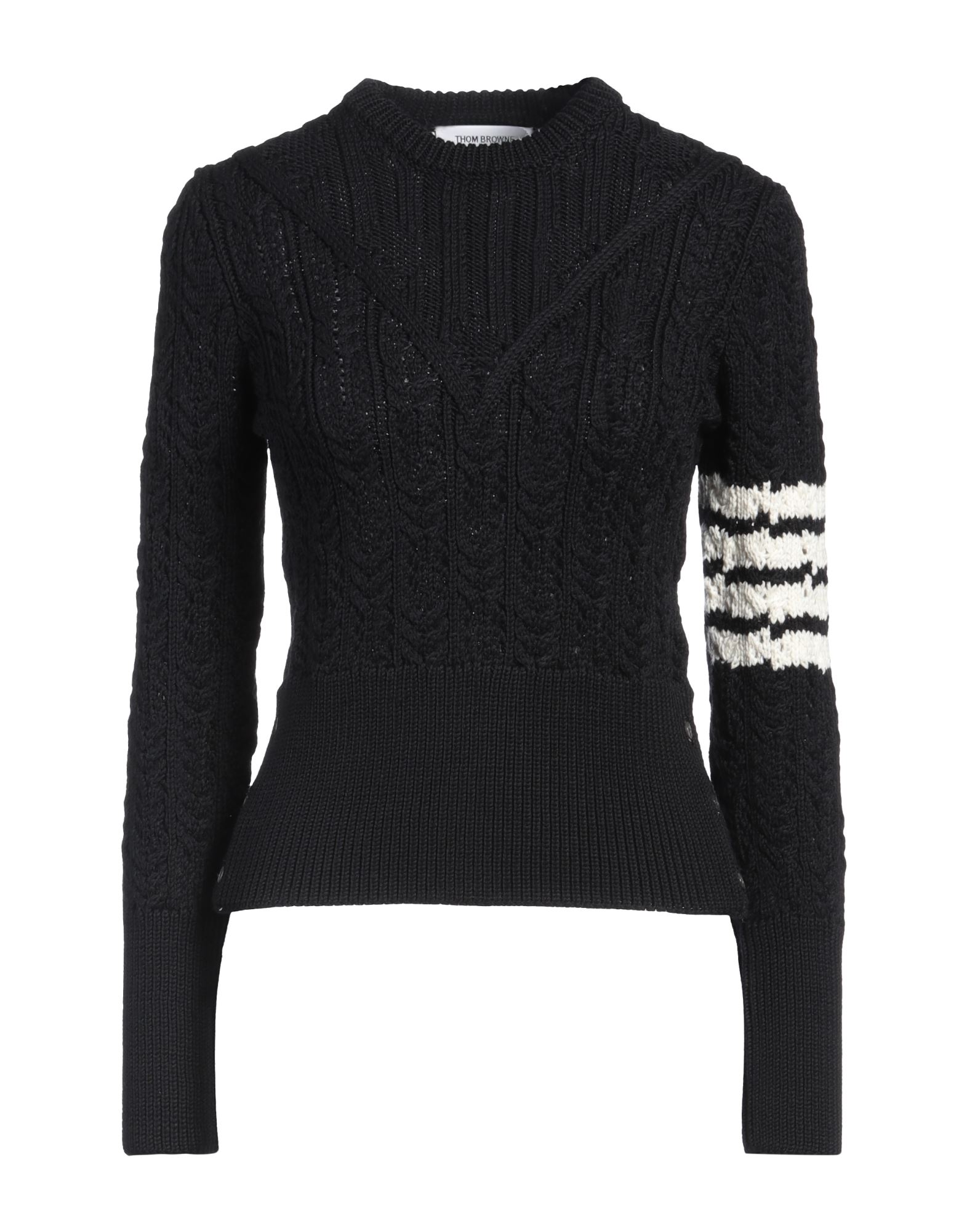 케이블 니트, 라이트웨이트 니트, 투톤 패턴, 브랜드 로고, 크루넥, 롱 슬리브, 드라이클리닝, 표백 금지, 건조기 사용불가. 이미지