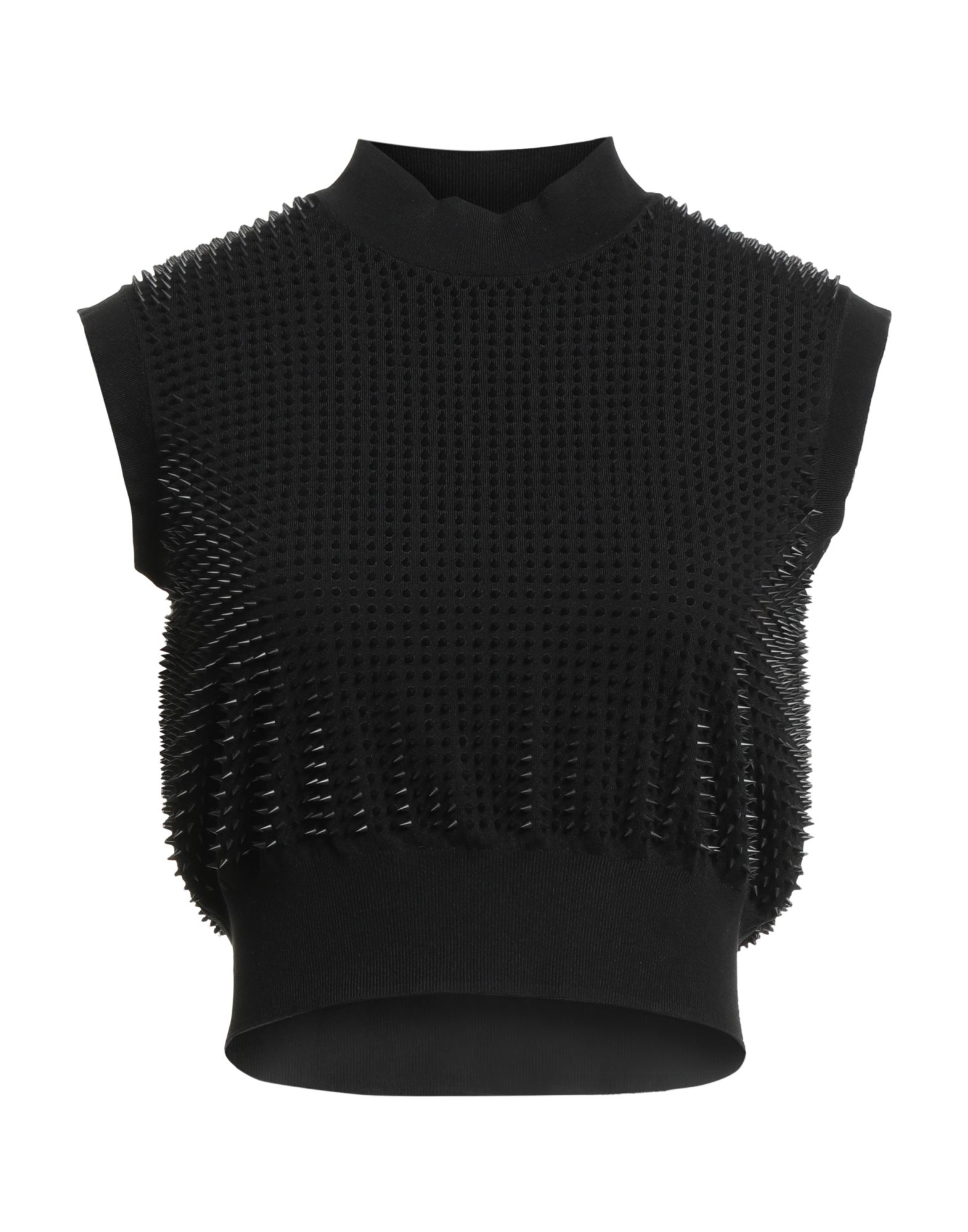 니트 소재, 라이트웨이트 니트, 스트레치 패브릭, 스터드, 장식 디테일 솔리드 컬러, 터틀넥, 슬리브리스, 드라이클리닝 금지, 표백 금지, 건조기 사용불가, 다림질 금지. 이미지