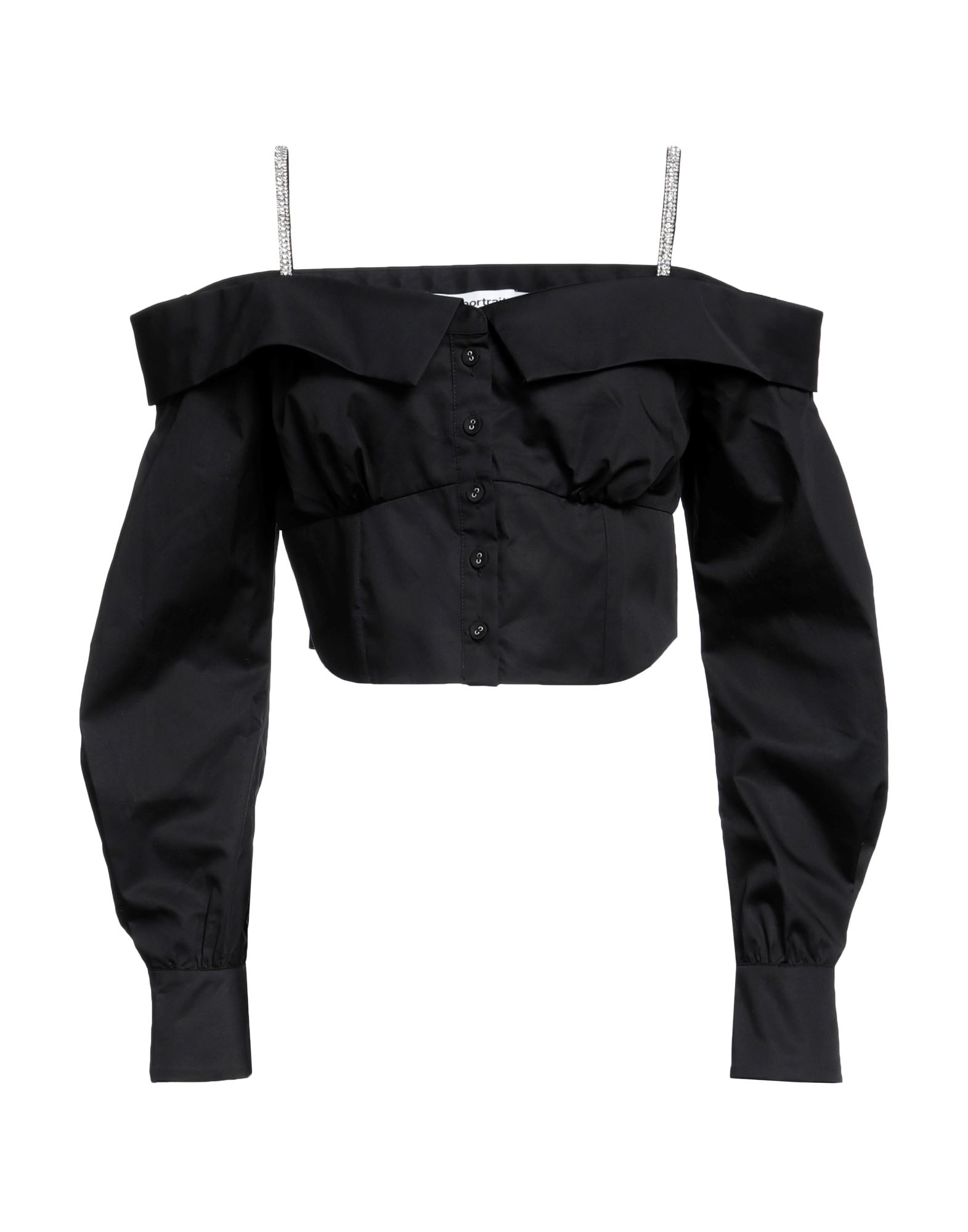 개버딘, 크리스탈, 크롭트, 장식 디테일 솔리드 컬러, 롱 슬리브, 버튼 여밈, 오프 숄더 셔츠. 이미지