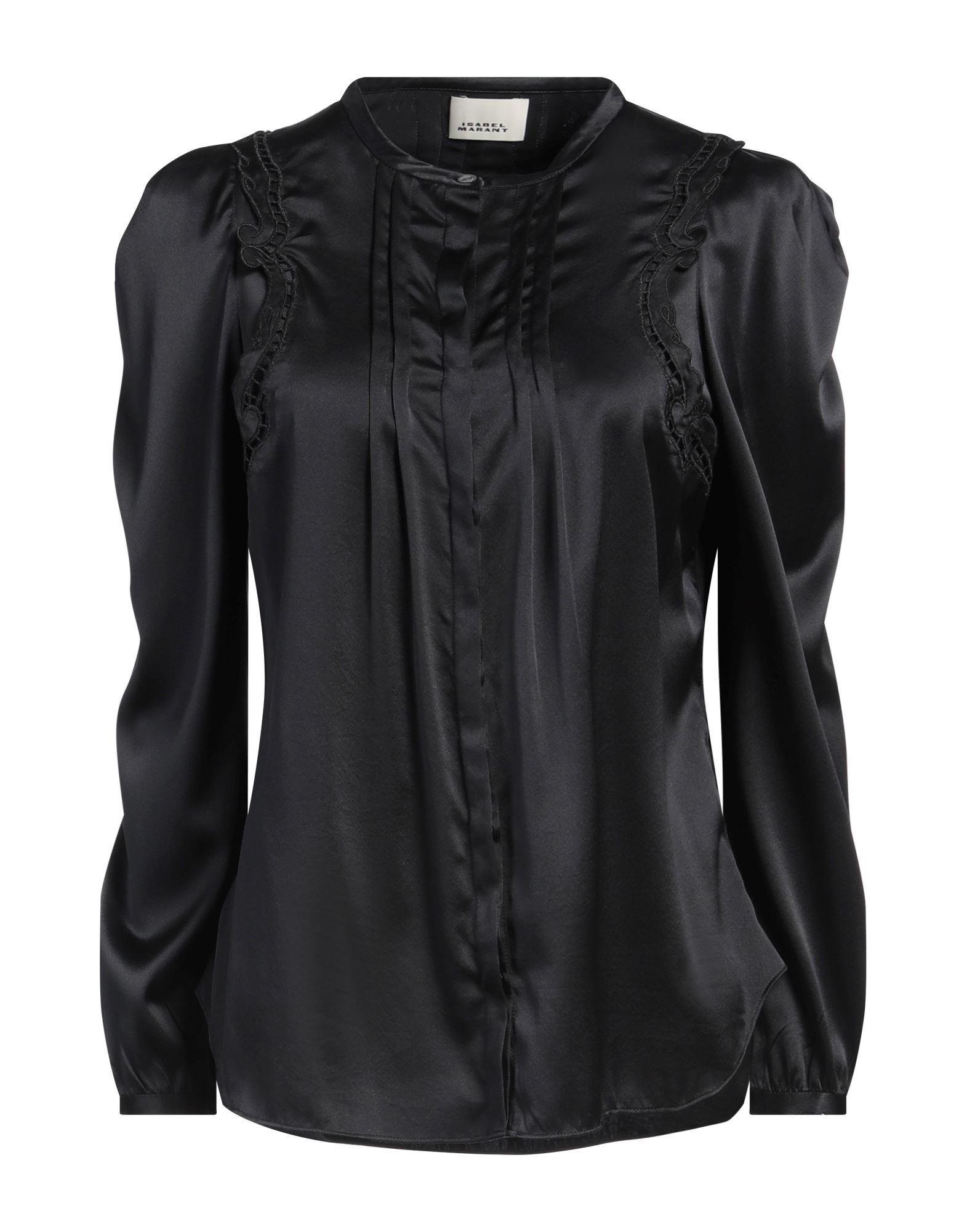 셔츠, 새틴, 레이스, 솔리드 컬러, 장식 부착 없음, 크루넥, 롱 슬리브, 버튼 커프스, 히든 버튼 여밈, 포켓 없음, 비대칭 헴, 스트레치, 드라이클리닝, 표백 금지, 건조기 사용불가. 이미지