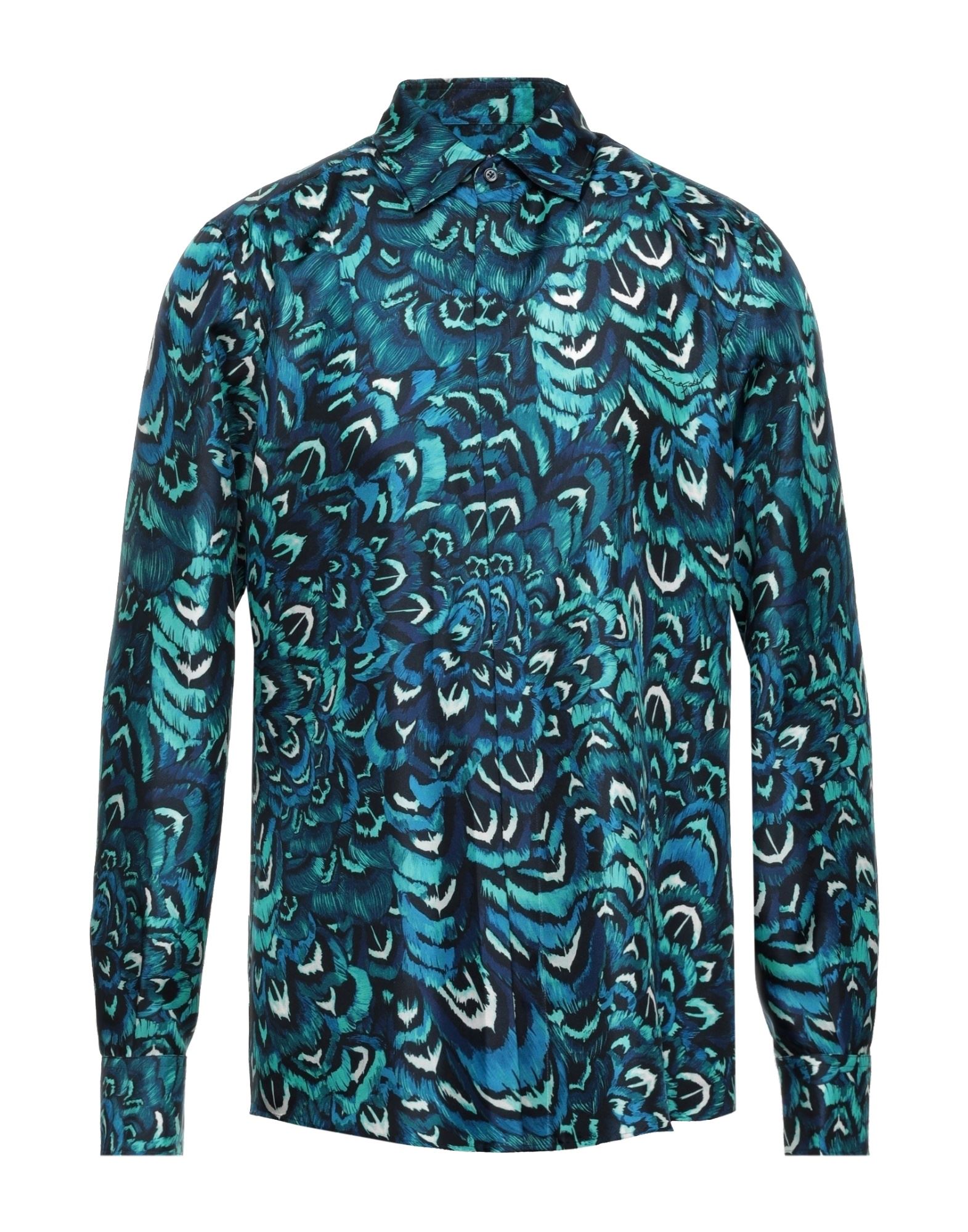 새틴, 장식 부착 없음, 멀티컬러 패턴, 클래식 칼라, 롱 슬리브, 히든 버튼, 포켓 없음, 라지 핏. 이미지