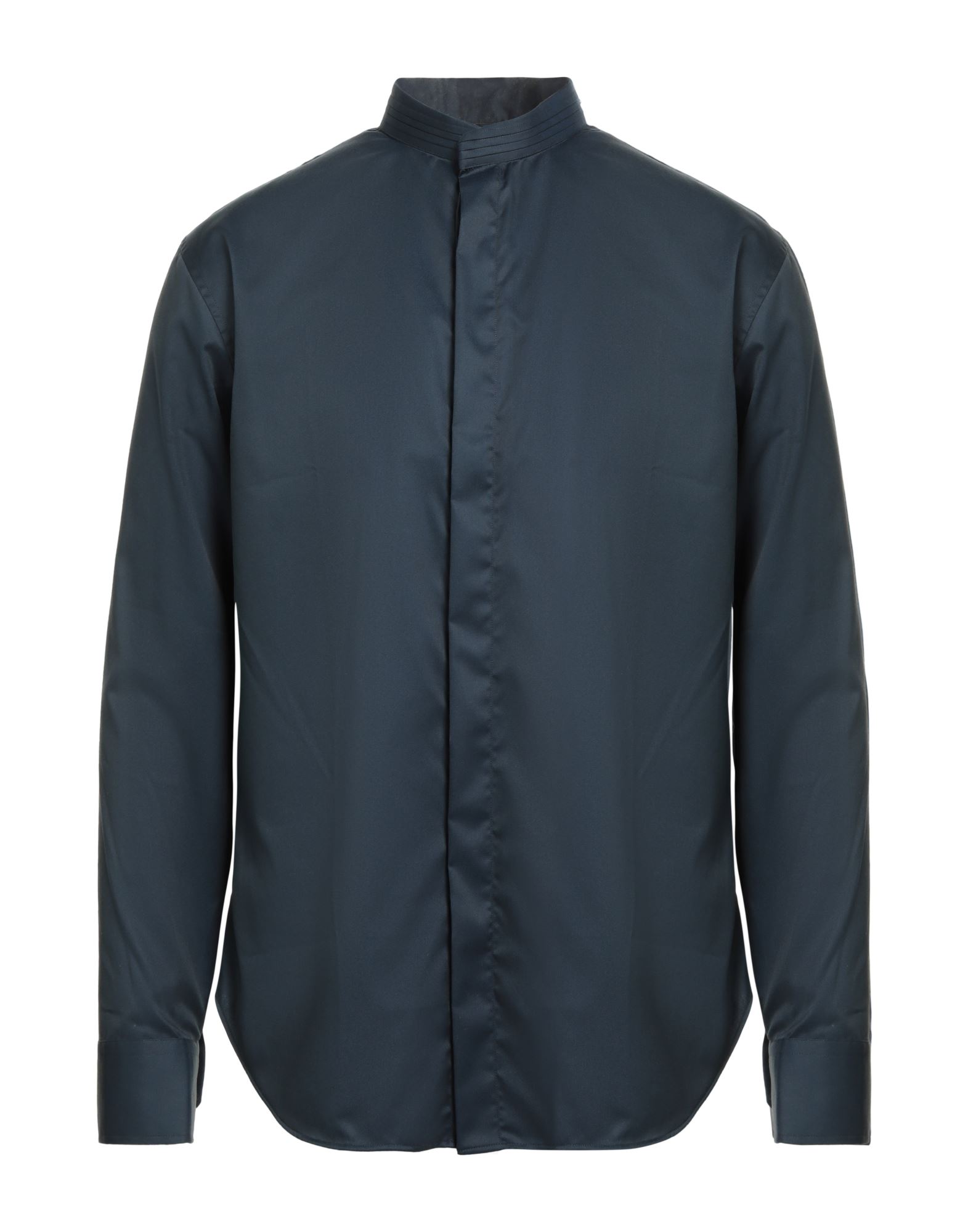 레귤러 셔츠, 트윌, 솔리드 컬러, 장식 부착 없음, 스탠드 칼라, 롱 슬리브, 버튼 커프스, 히든 버튼 여밈, 스트레치, 세탁기 세탁 또는 드라이클리닝, 표백 금지, 건조기 사용불가. 이미지