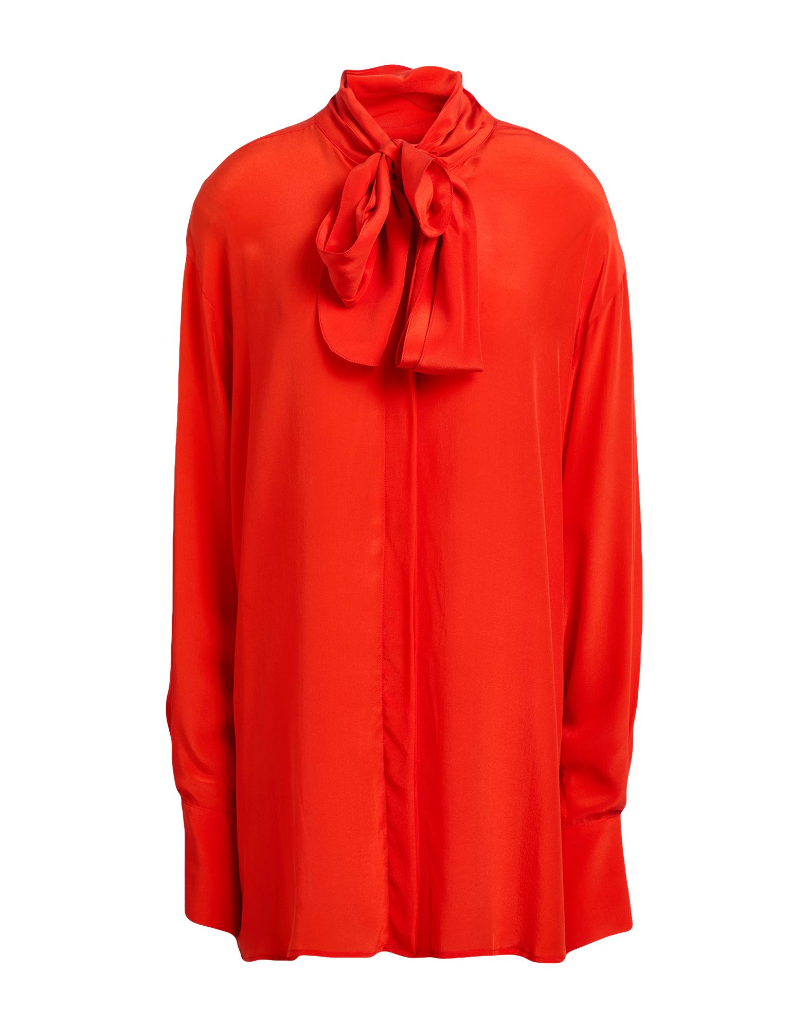 보우 디테일 셔츠, 크레이프, 솔리드 컬러, 장식 부착 없음, 롱 슬리브, 안감없음, 버튼 여밈, 드라이클리닝, 표백 금지, 건조기 사용불가. 이미지