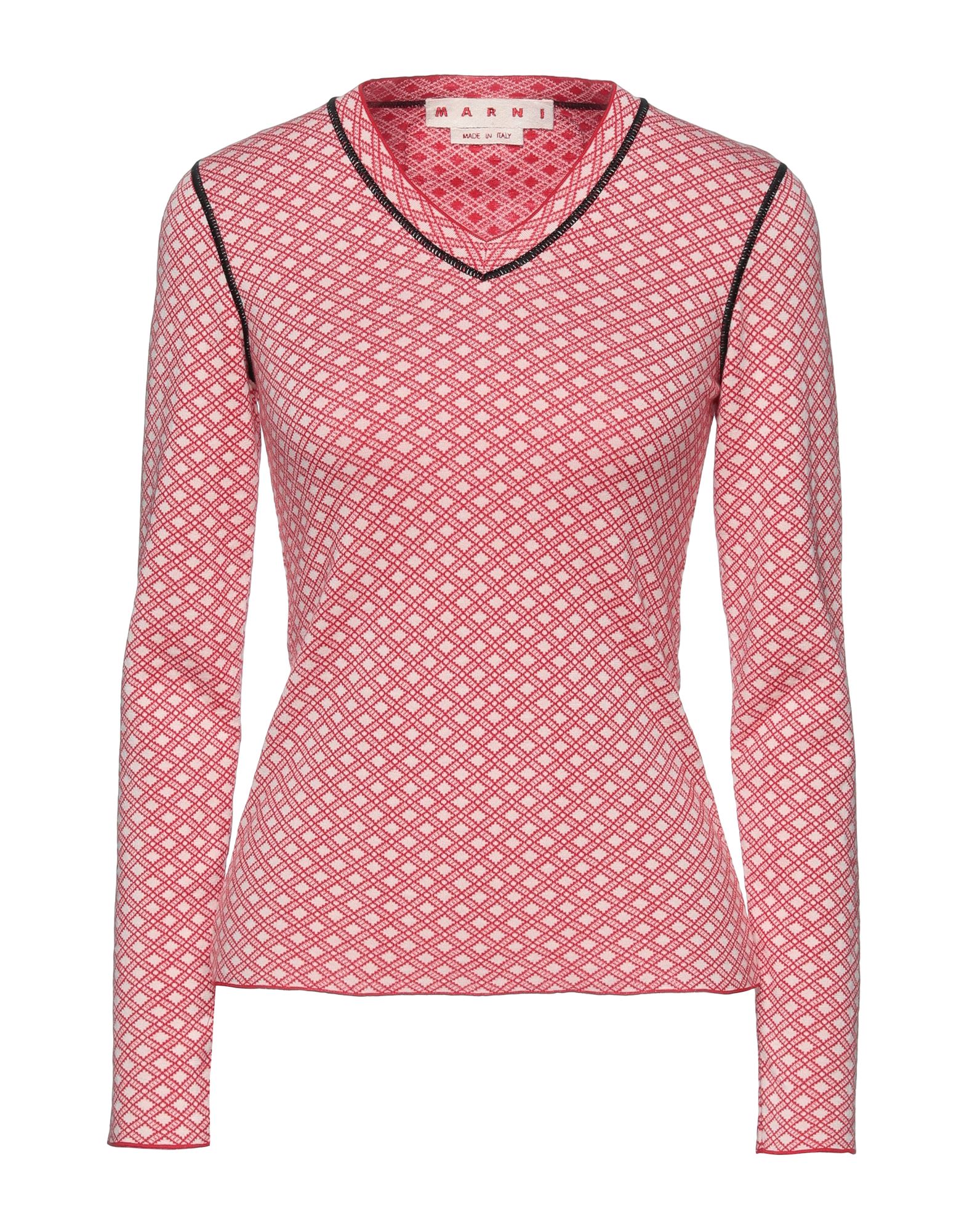 니트 소재, 라이트웨이트 니트, 장식 부착 없음, 기하학 패턴, v 네크라인, 롱 슬리브, 포켓 없음. 이미지