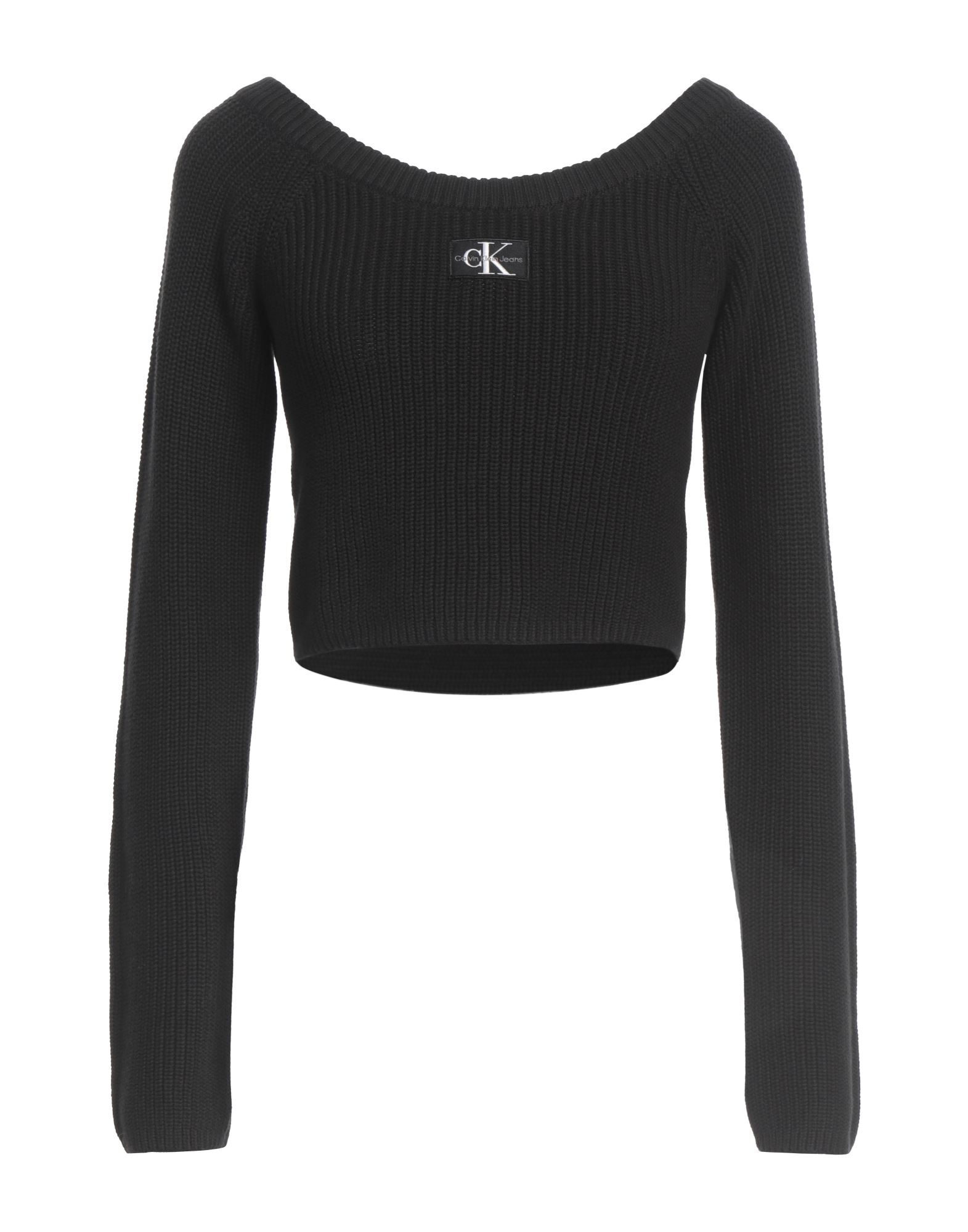 니트 소재, 미디엄웨이트 니트, 브랜드 로고, 크롭트, 솔리드 컬러, 보트 네크라인, 롱 슬리브, 세탁기로 세탁, 표백 금지, 건조기 사용불가. 이미지