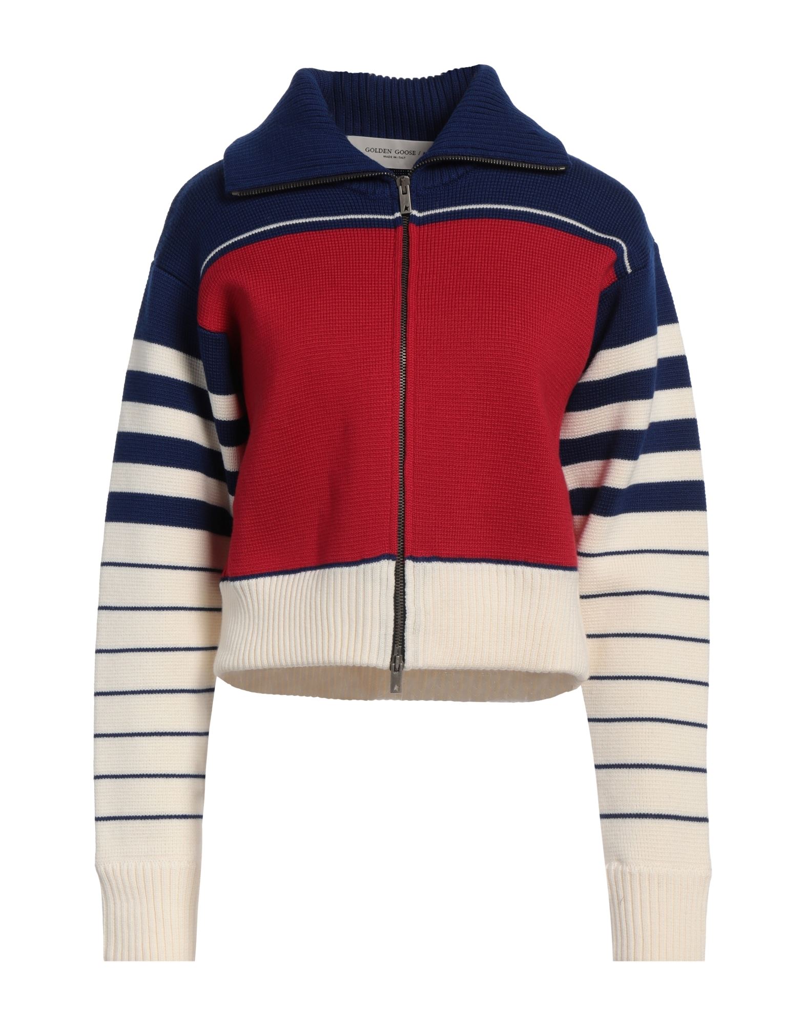 울, 미디엄웨이트 니트, 멀티컬러 패턴, 장식 효과, 브랜드 로고, 롱 슬리브, 지퍼 여밈, 손세탁, 표백 금지, 건조기 사용불가. 이미지