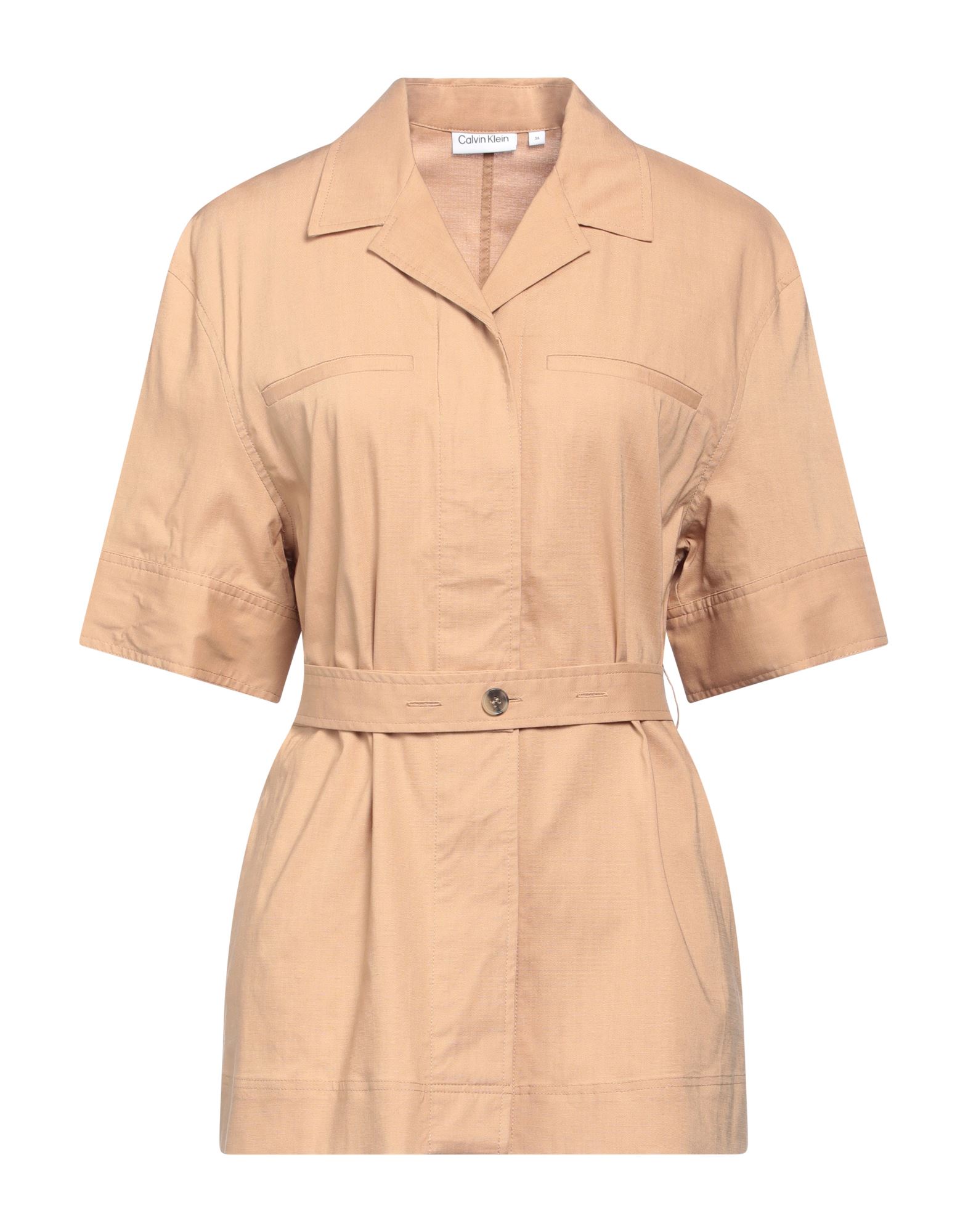 우븐, 벨트, 솔리드 컬러, 라펠, 쇼트 슬리브, 버튼 여밈, 포켓 2개, 스트레치, 세탁기로 세탁, 표백 금지, 건조기 사용불가, 롱 셔츠. 이미지