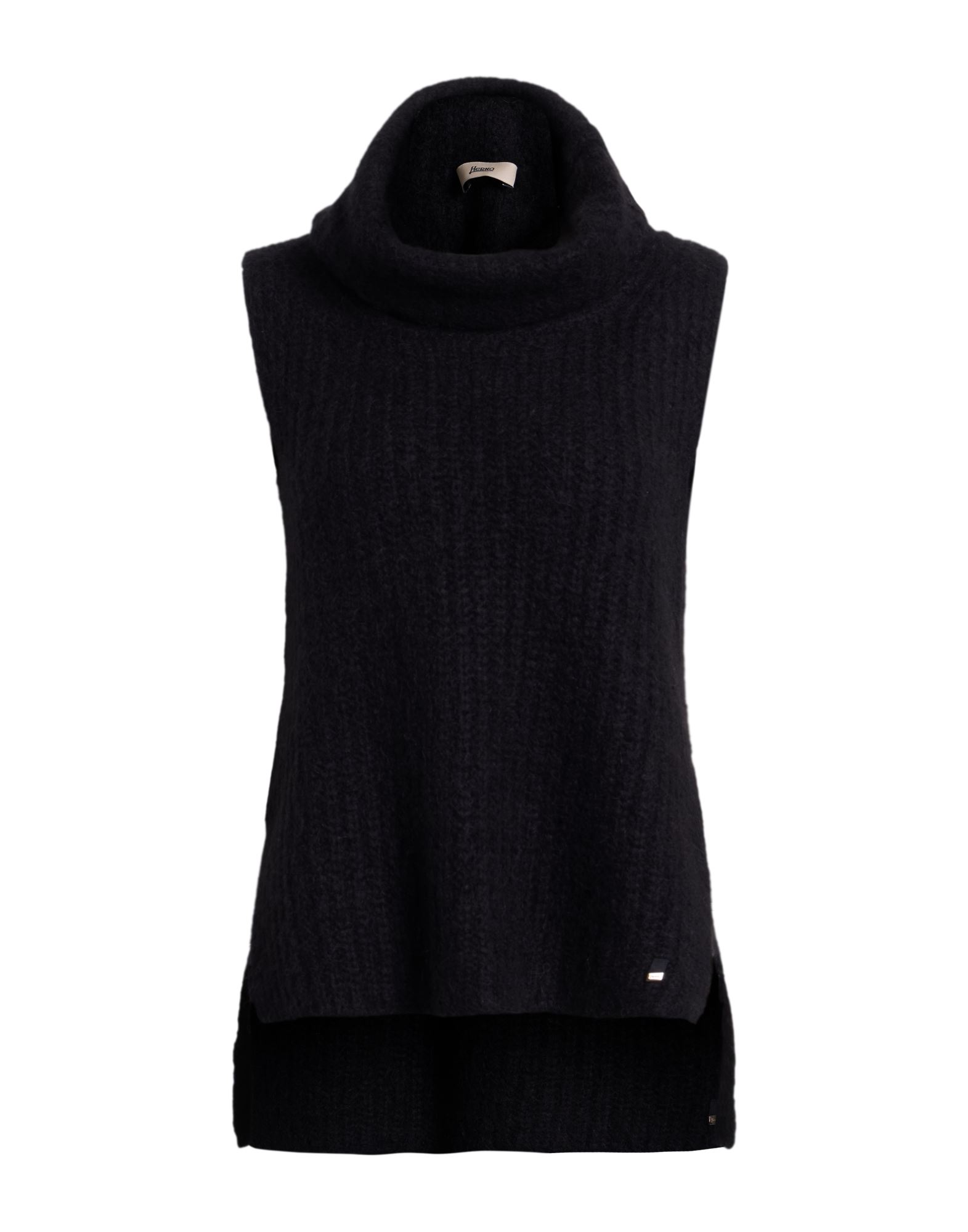 니트 소재, 미디엄웨이트 니트, 브랜드 로고, 솔리드 컬러, 터틀넥, 슬리브리스, 비대칭 헴, 손세탁 또는 드라이클리닝, 표백 금지, 건조기 사용불가. 이미지