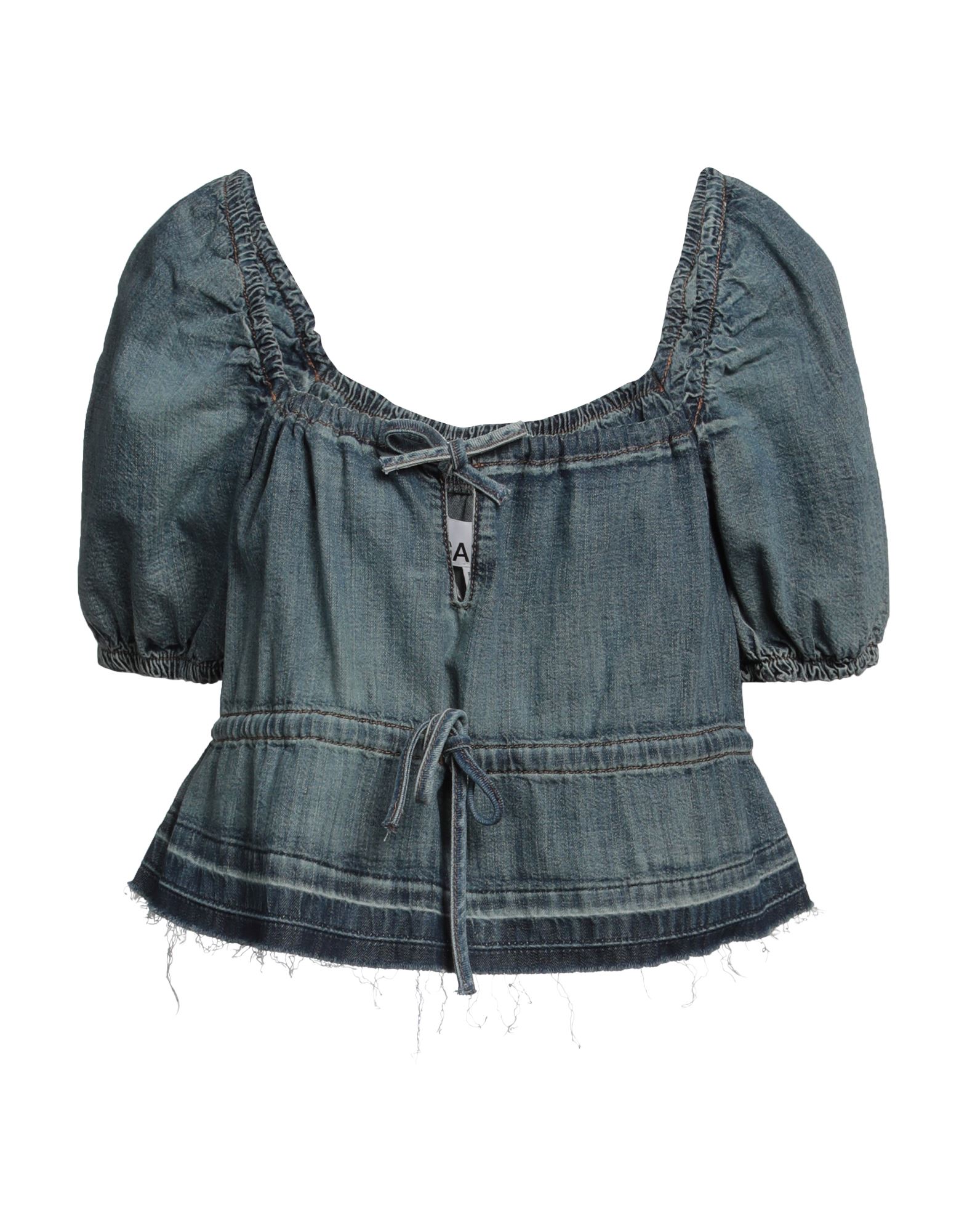 탑, 데님, 레이스업, 솔리드 컬러, 미디엄 워싱, 와이드 네크라인, 쇼트 슬리브, 셀프타이/스트링 여밈, 포켓 없음. 이미지