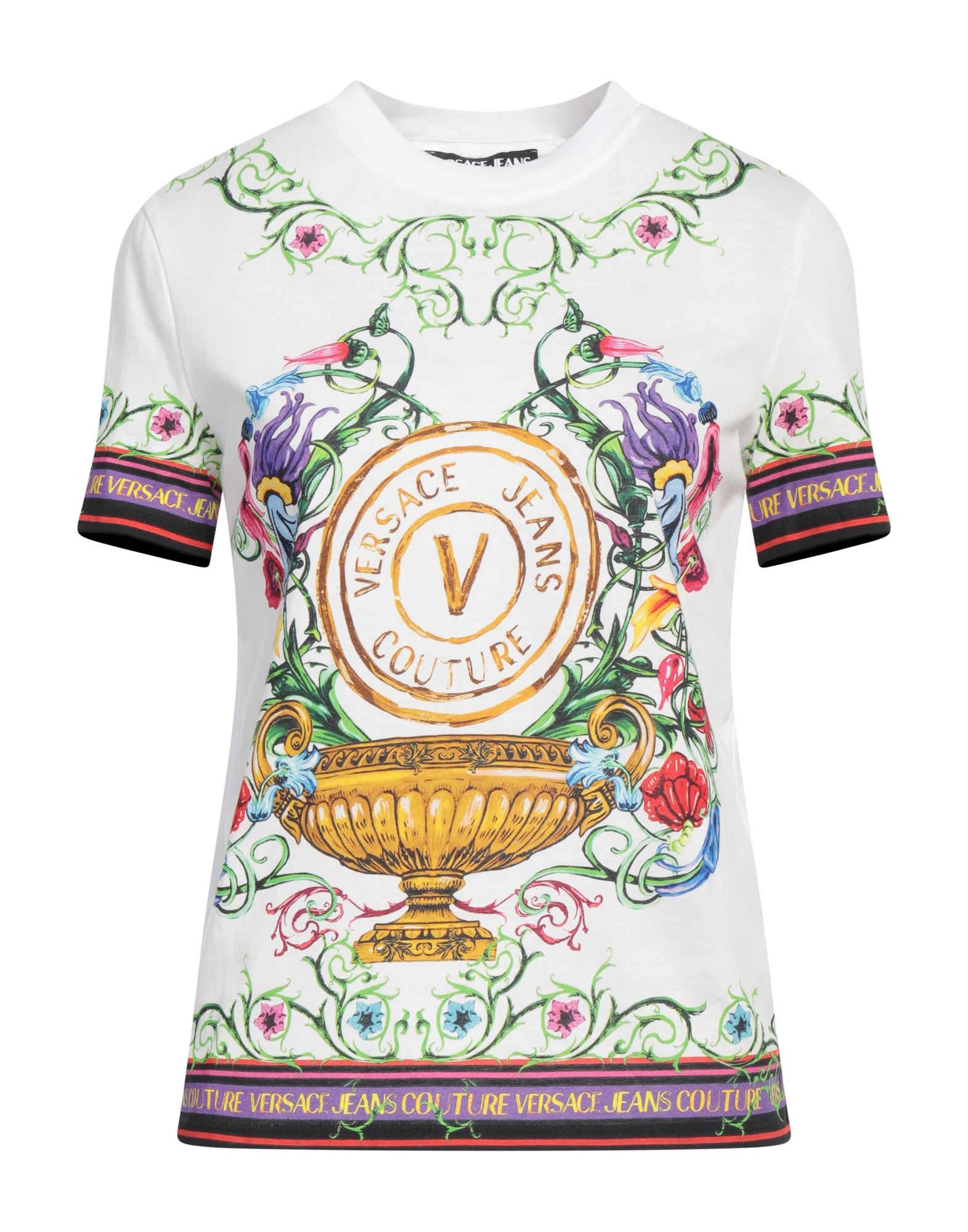 패턴 티셔츠, 저지, 플로럴 모티브, 브랜드 로고, 크루넥, 쇼트 슬리브, 세탁기 세탁 또는 드라이클리닝, 표백 금지, 건조기 사용불가, 이 브랜드는 사이즈가 작게 나옵니다. 이미지