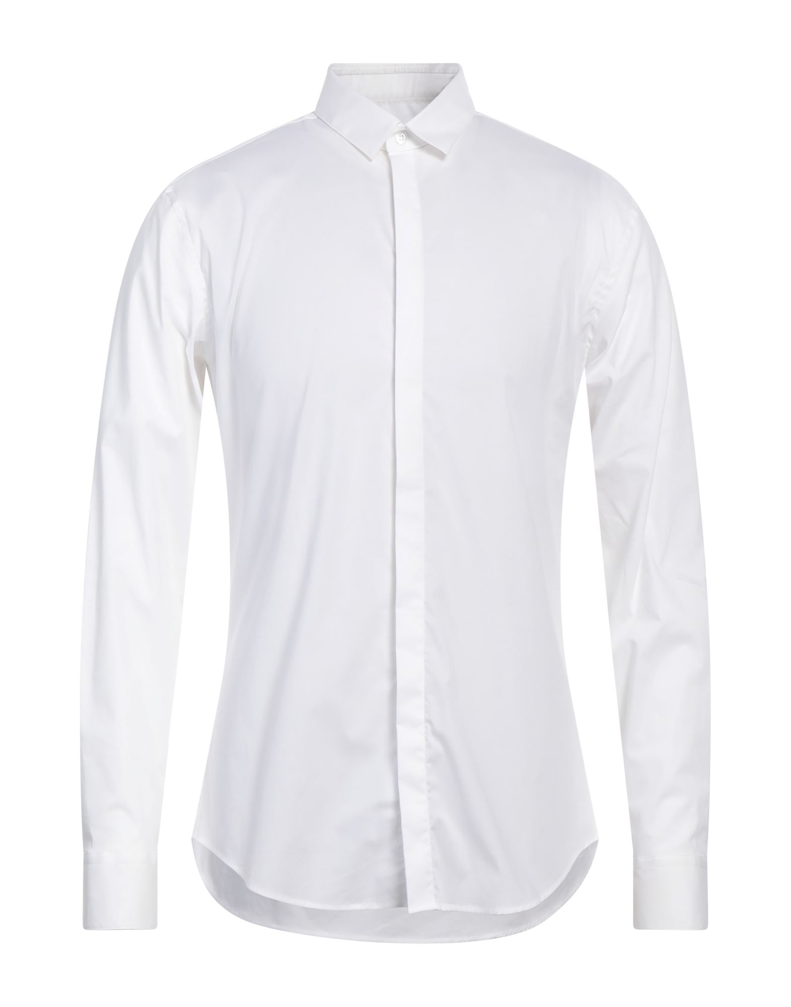 슬림 셔츠, 포플린, 스트레치 패브릭, 솔리드 컬러, 장식 부착 없음, 클래식 칼라, 롱 슬리브, 히든 버튼 여밈, 세탁기 세탁 또는 드라이클리닝, 표백 금지, 건조기 사용불가, 오피스 룩이나 특별한 날에 적합한 품격 있는 포멀 스타일. 이미지