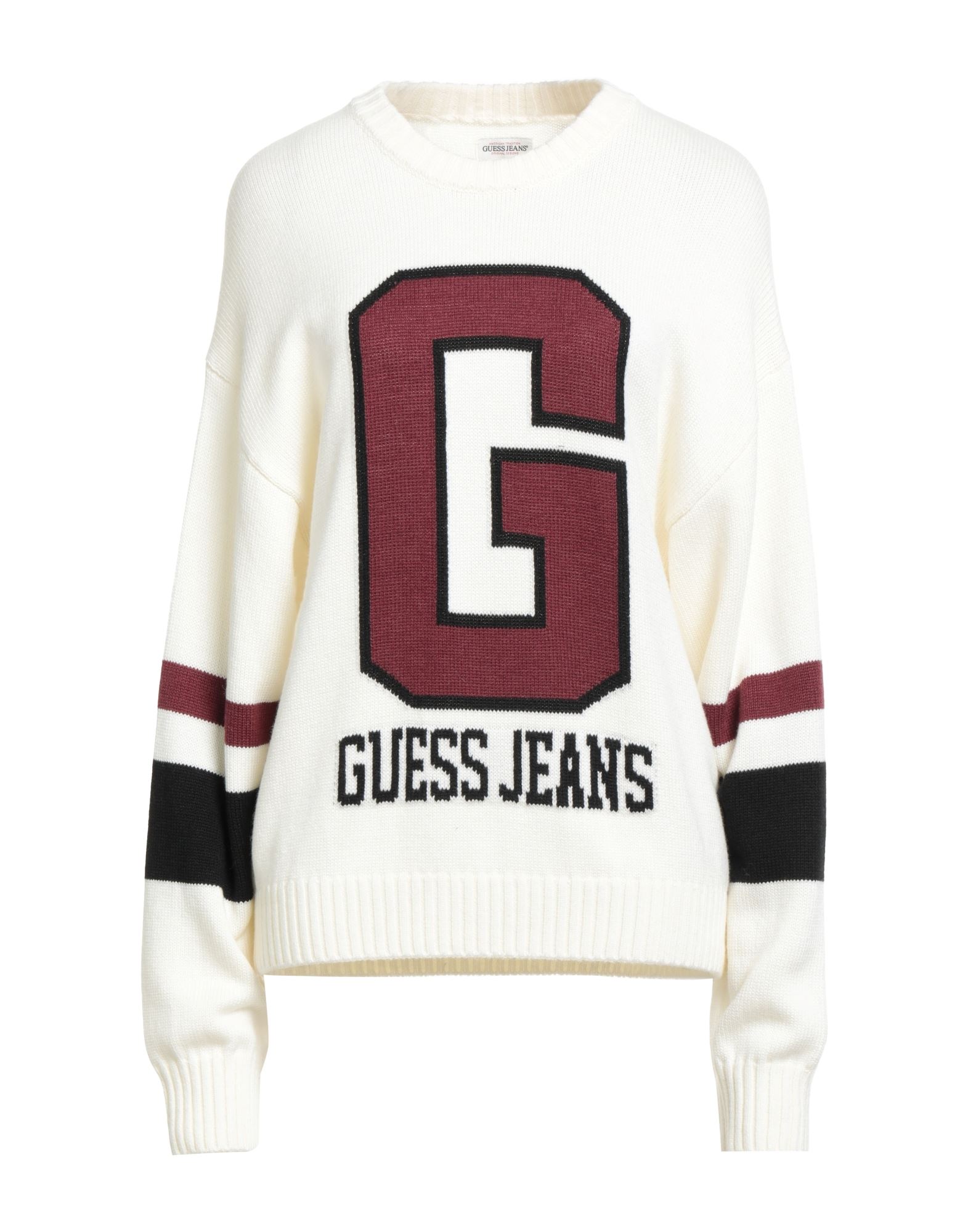 니트 소재, 라이트웨이트 니트, 멀티컬러 패턴, 브랜드 로고, 크루넥, 롱 슬리브, 손세탁, 표백 금지, 건조기 사용불가. 이미지