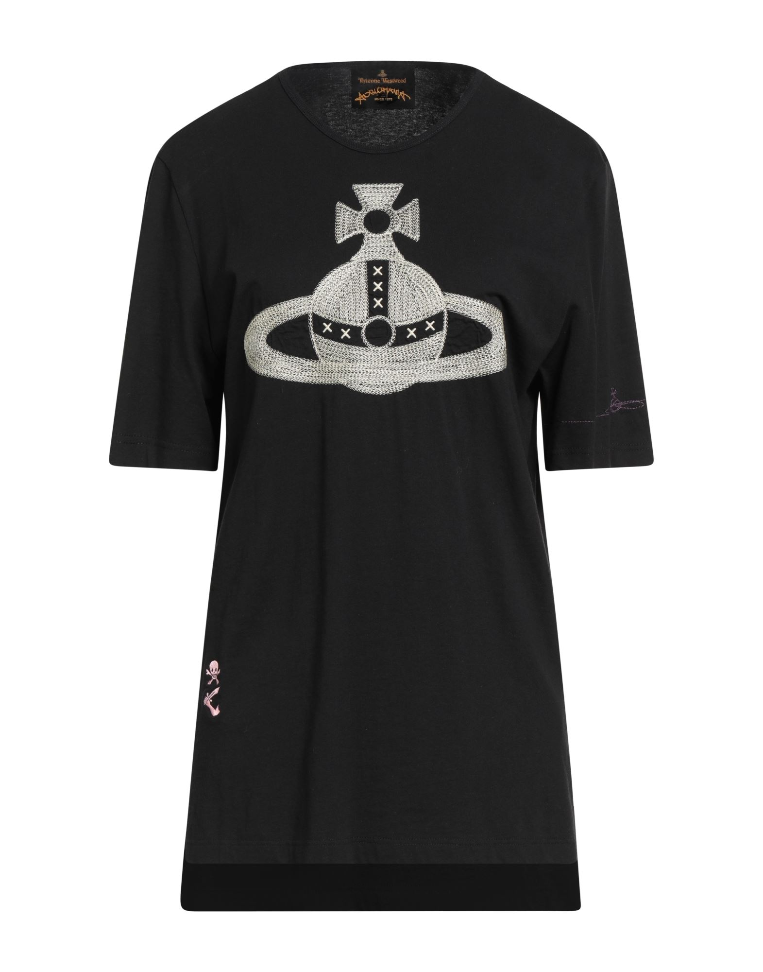 패턴 티셔츠, 저지, 장식 디테일 솔리드 컬러, 자수 로고 장식, 크루넥, 쇼트 슬리브. 이미지