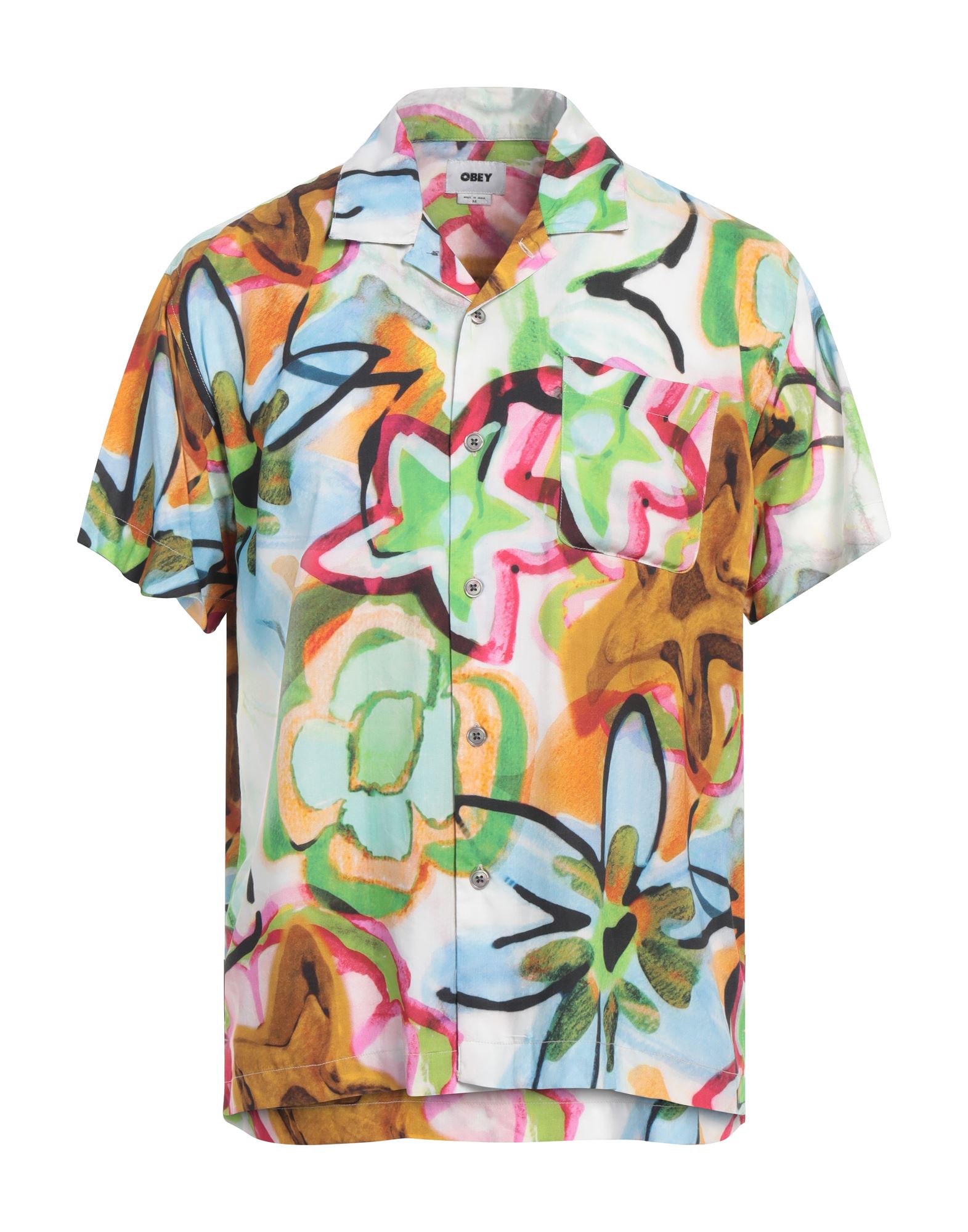 레귤러 셔츠, 우븐, 플로럴 모티브, 장식 부착 없음, 캠프 칼라, 쇼트 슬리브, 버튼 여밈, 포켓 1개, fairtrade 코튼은 환경 및 생산자를 보호하는 데 중점을 두고 생산됩니다, 세탁기 세탁 또는 드라이클리닝, 표백 금지, 건조기 사용가능. 이미지