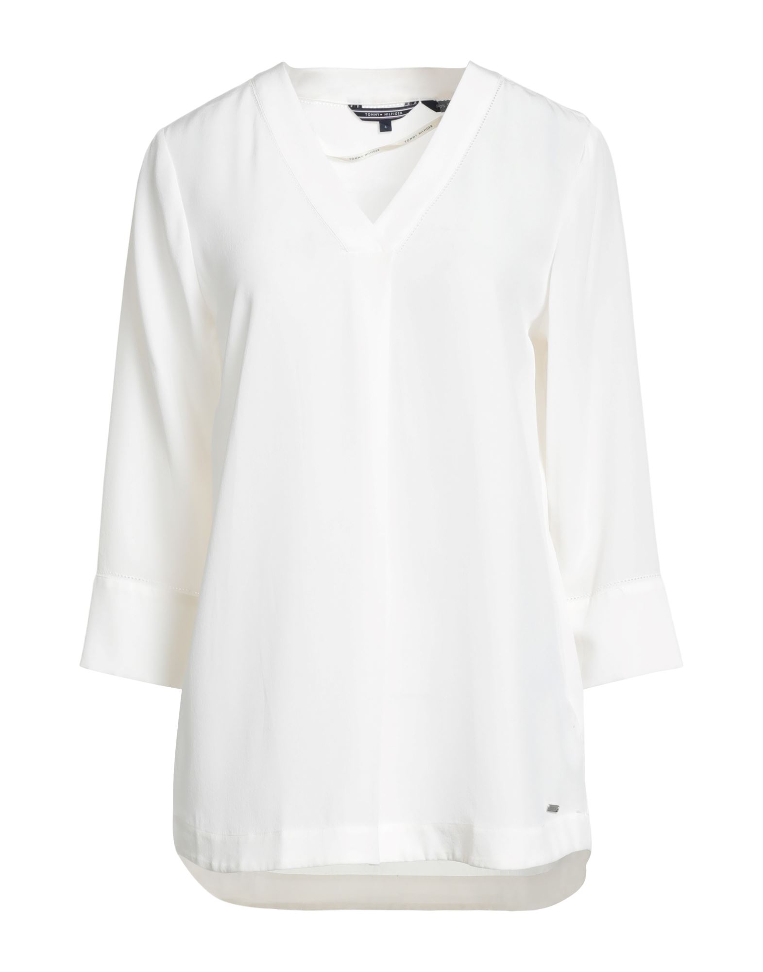 탑, 크레이프, 솔리드 컬러, 브랜드 로고, v 네크라인, 3/4길이 슬리브, 드라이클리닝, 표백 금지, 건조기 사용불가. 이미지