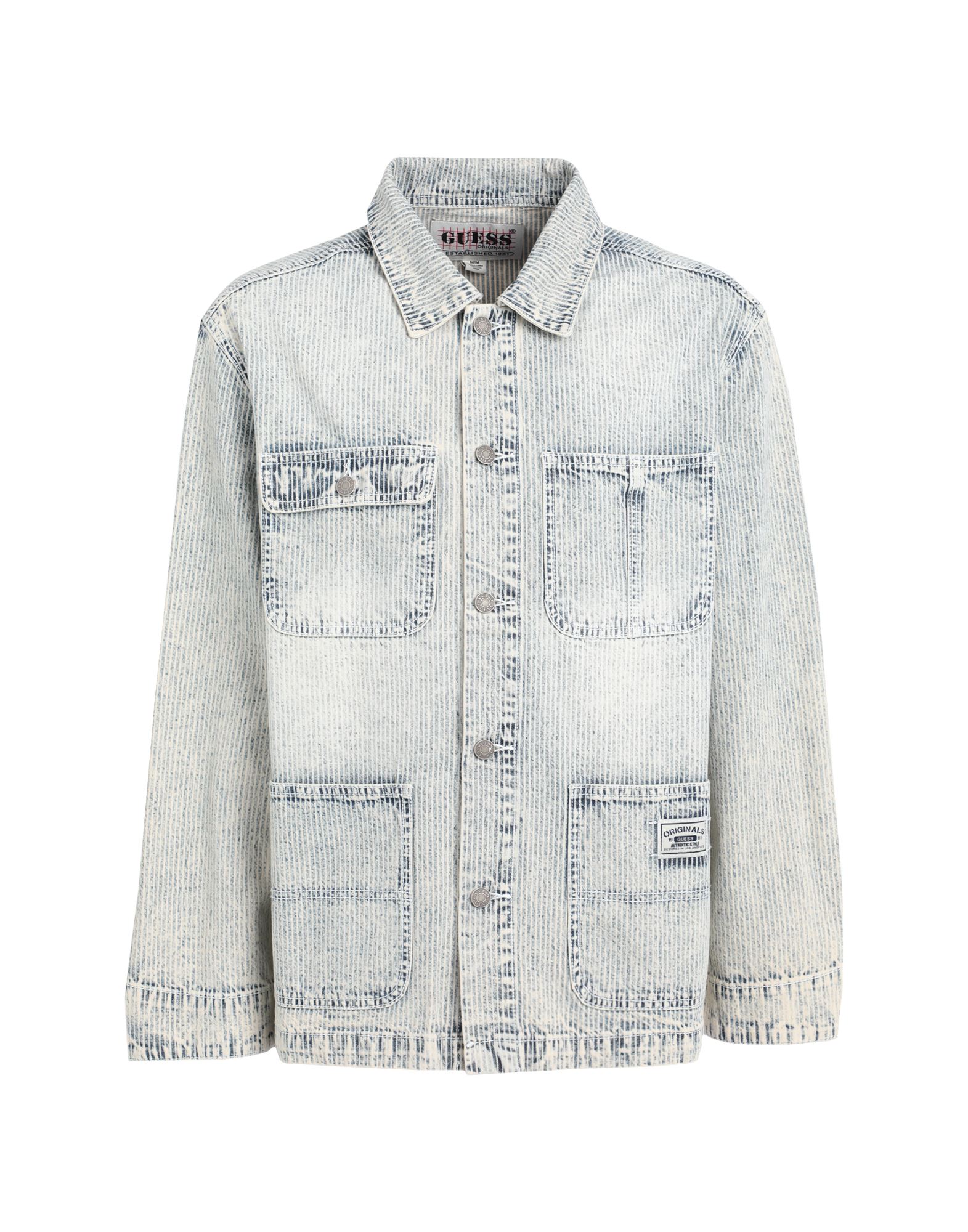 데님, 바랜 효과, 브랜드 로고, 투톤 패턴, 라이트 워싱, 클래식 칼라, 롱 슬리브, 버튼 커프스, 버튼 여밈, 멀티 포켓, 셔츠 자켓. 이미지