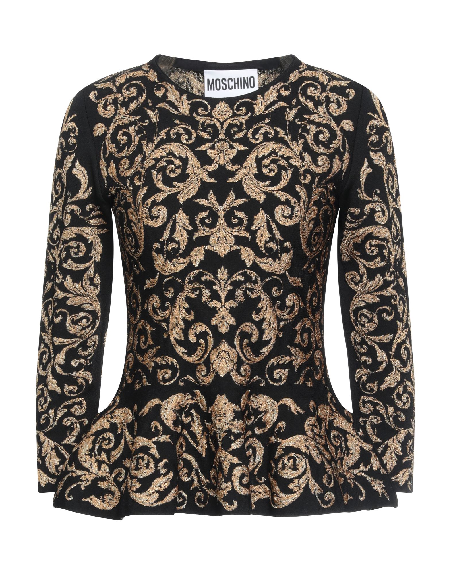 니트 소재, 메탈릭 효과, 라이트웨이트 니트, 페이즐리 패턴, 장식 부착 없음, 크루넥, 롱 슬리브, 드라이클리닝, 표백 금지, 건조기 사용불가. 이미지