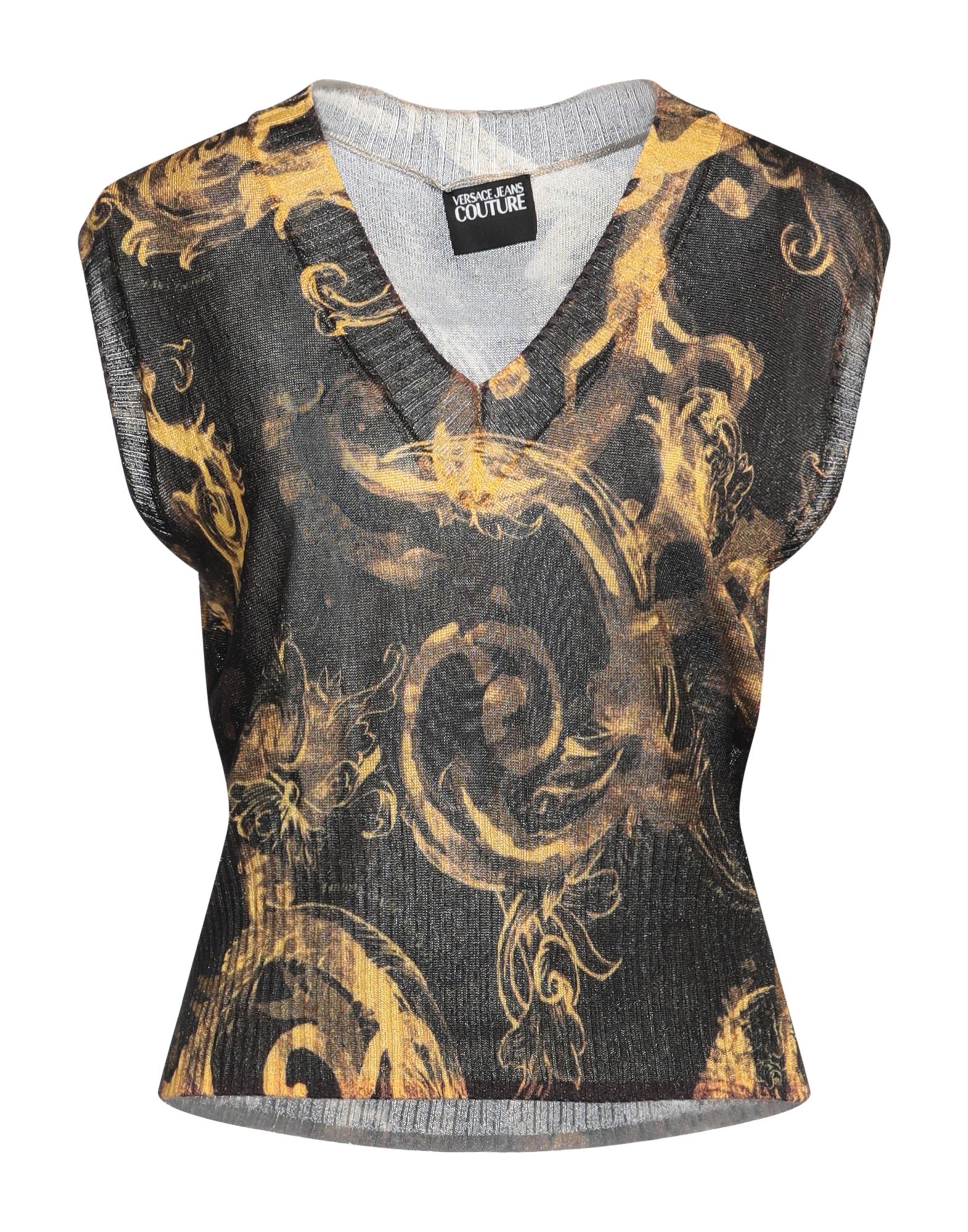 니트 소재, 메탈릭 효과, 라이트웨이트 니트, 브랜드 로고, 멀티컬러 패턴, v 네크라인, 슬리브리스, 포켓 없음, 세탁기로 세탁, 표백 금지, 건조기 사용불가. 이미지