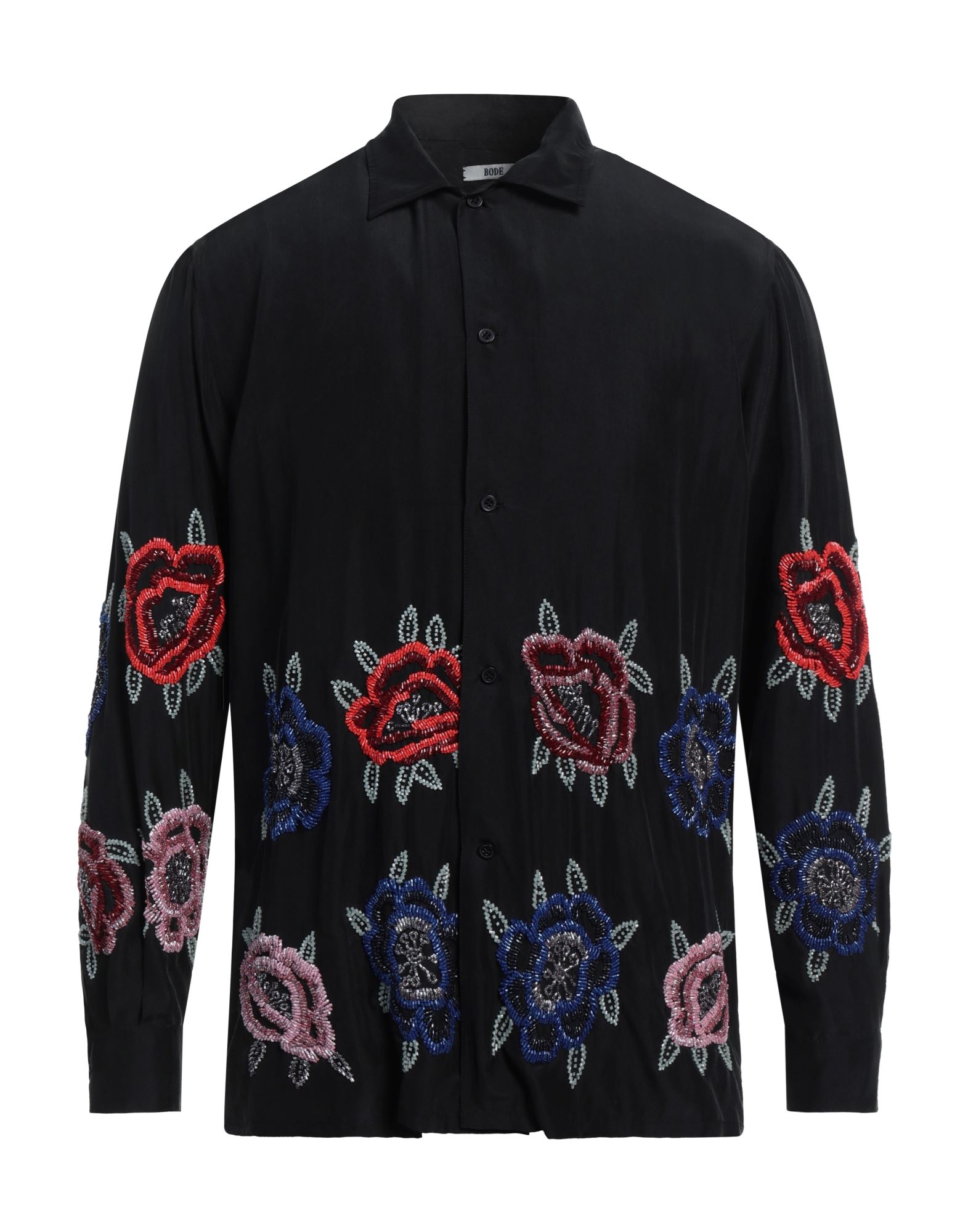 새틴, 비즈, 장식 디테일 솔리드 컬러, 라운드 칼라, 롱 슬리브, 버튼 커프스, 버튼 여밈, 포켓 없음, 레귤러 셔츠. 이미지