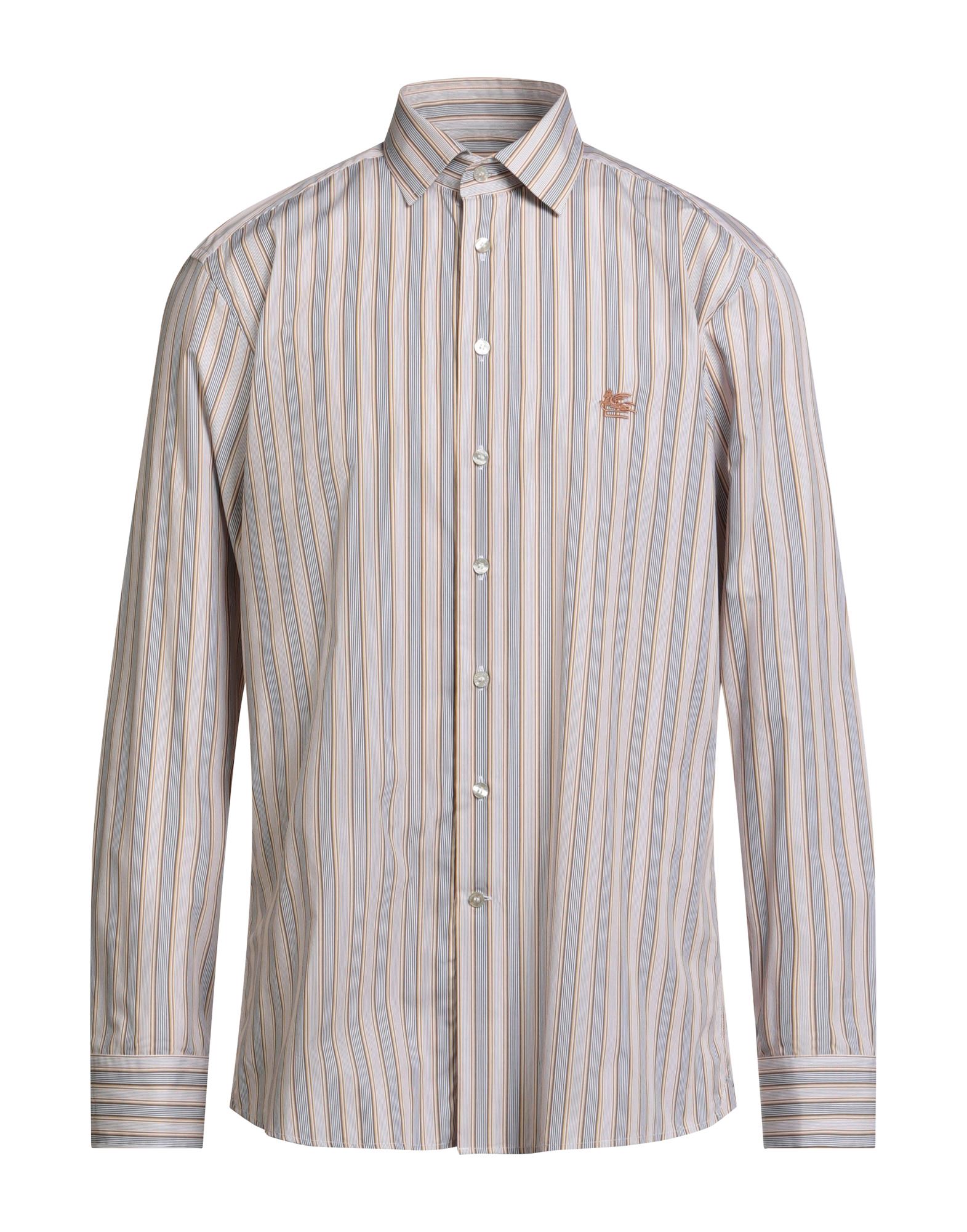 레귤러 셔츠, 우븐, 스트라이프, 자수 로고 장식, 클래식 칼라, 롱 슬리브, 버튼 여밈, 세탁기 세탁 또는 드라이클리닝, 표백 금지, 건조기 사용불가. 이미지