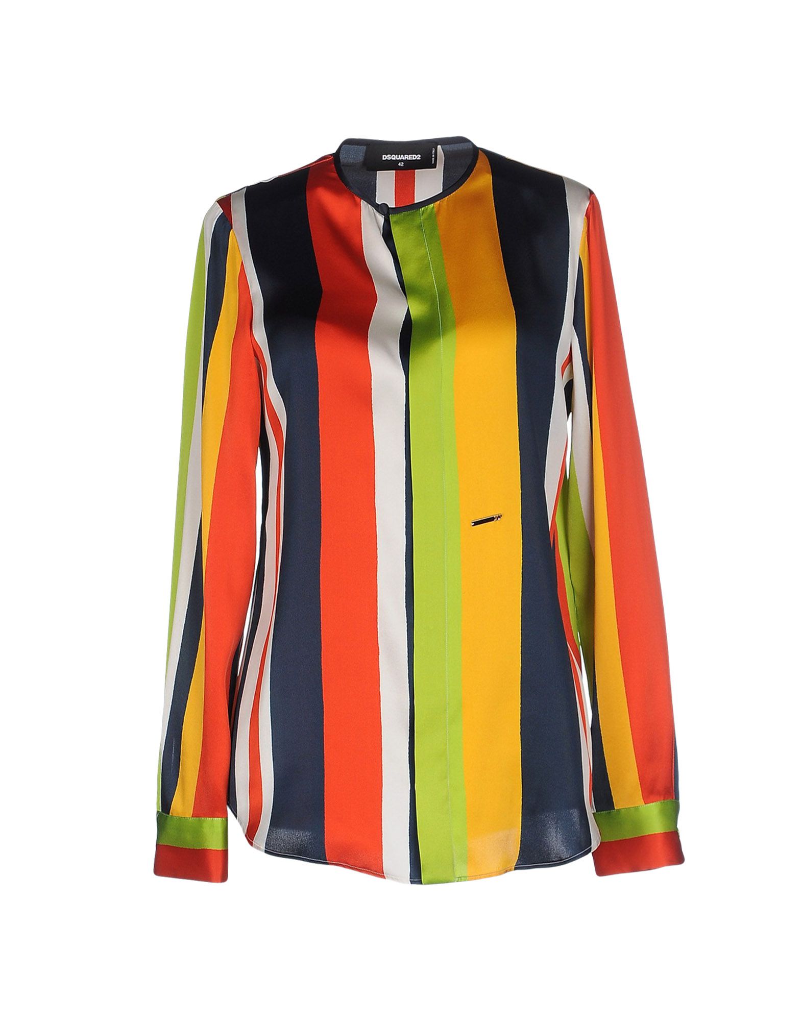 새틴, 메탈 디테일, 로고, 스트라이프, 라운드 네크라인, 롱 슬리브, 버튼 커프스, 프론트 클로져, 버튼 여밈, 포켓 없음. 이미지