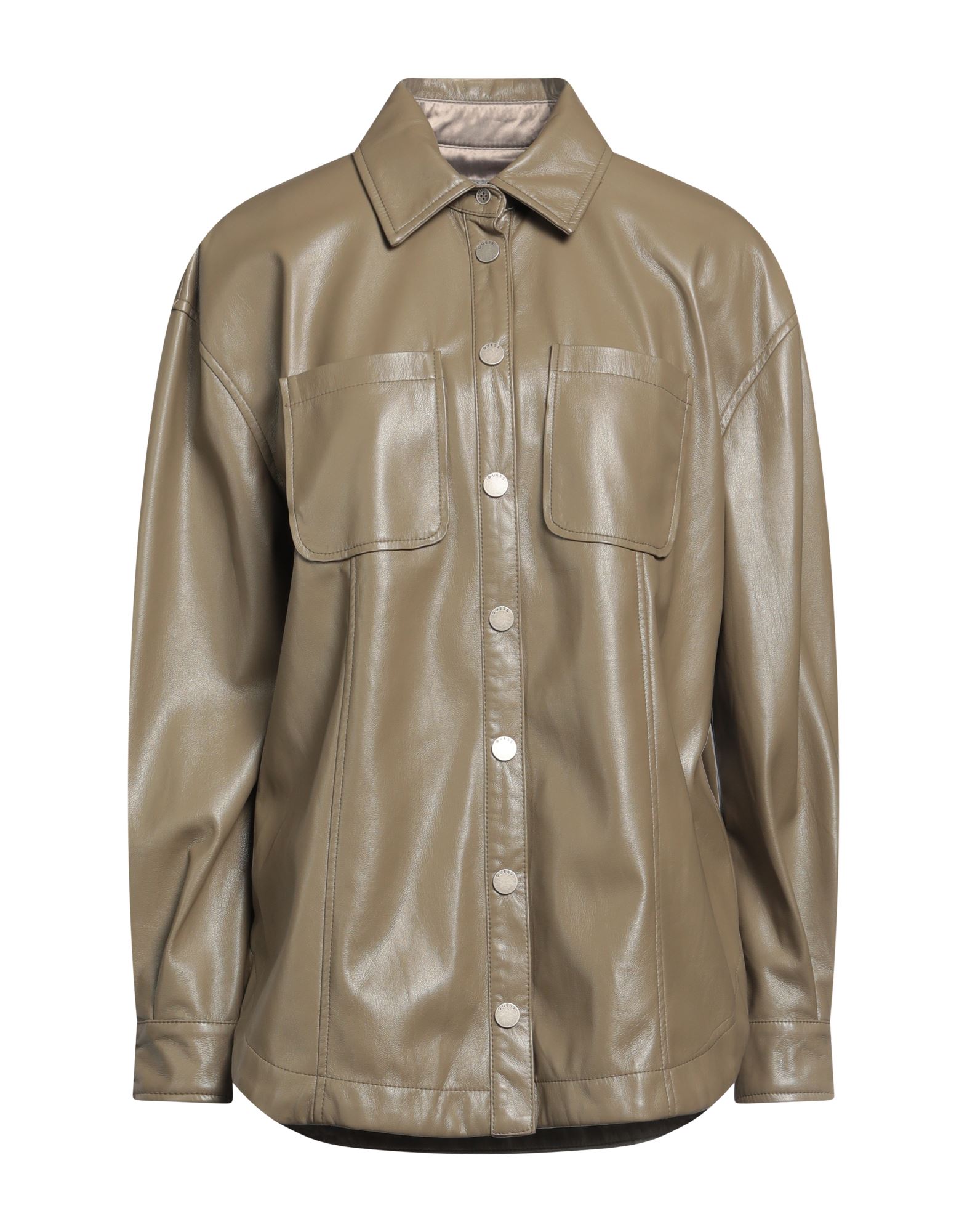 인조가죽, 장식 부착 없음, 솔리드 컬러, 클래식 칼라, 롱 슬리브, 스냅버튼 커프스, 스냅버튼 여밈, 더블 포켓, 셔츠 자켓. 이미지