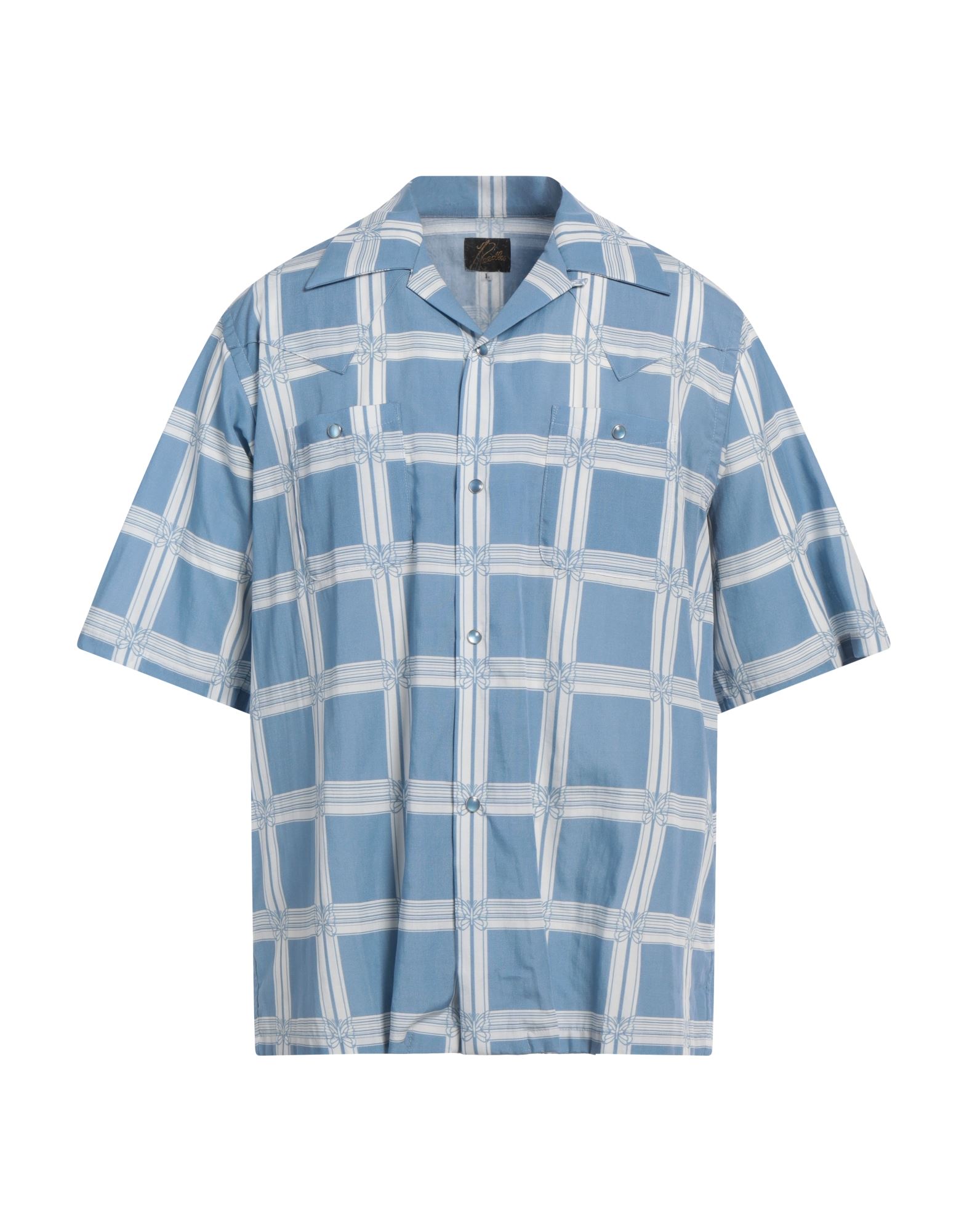 우븐, 장식 부착 없음, 체크, 캠프 칼라, 쇼트 슬리브, 스냅버튼 여밈, 더블 포켓, 레귤러 셔츠. 이미지