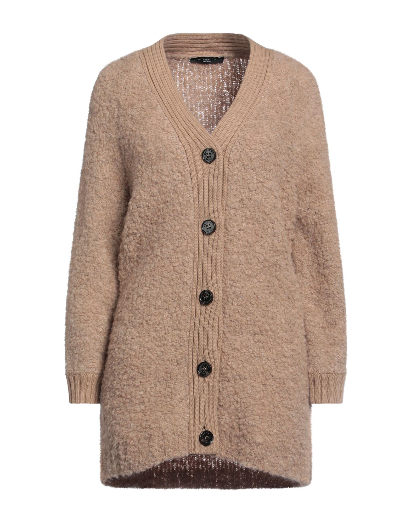 니트 소재, 부클레, 미디엄웨이트 니트, 장식 부착 없음, 솔리드 컬러, v 네크라인, 롱 슬리브, 포켓 없음. 이미지