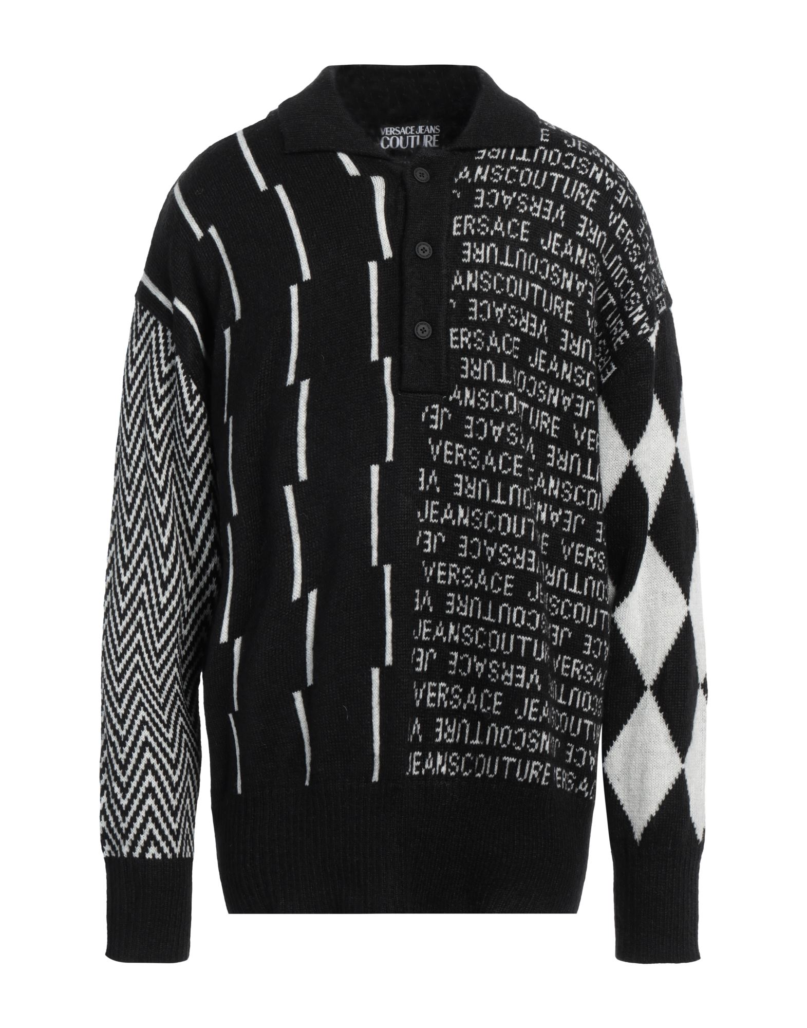 니트 소재, 미디엄웨이트 니트, 브랜드 로고, 로고 디자인, 기하학 패턴, 폴로 칼라, 롱 슬리브, 버튼 여밈, 포켓 없음, 손세탁 또는 드라이클리닝, 표백 금지, 건조기 사용불가. 이미지