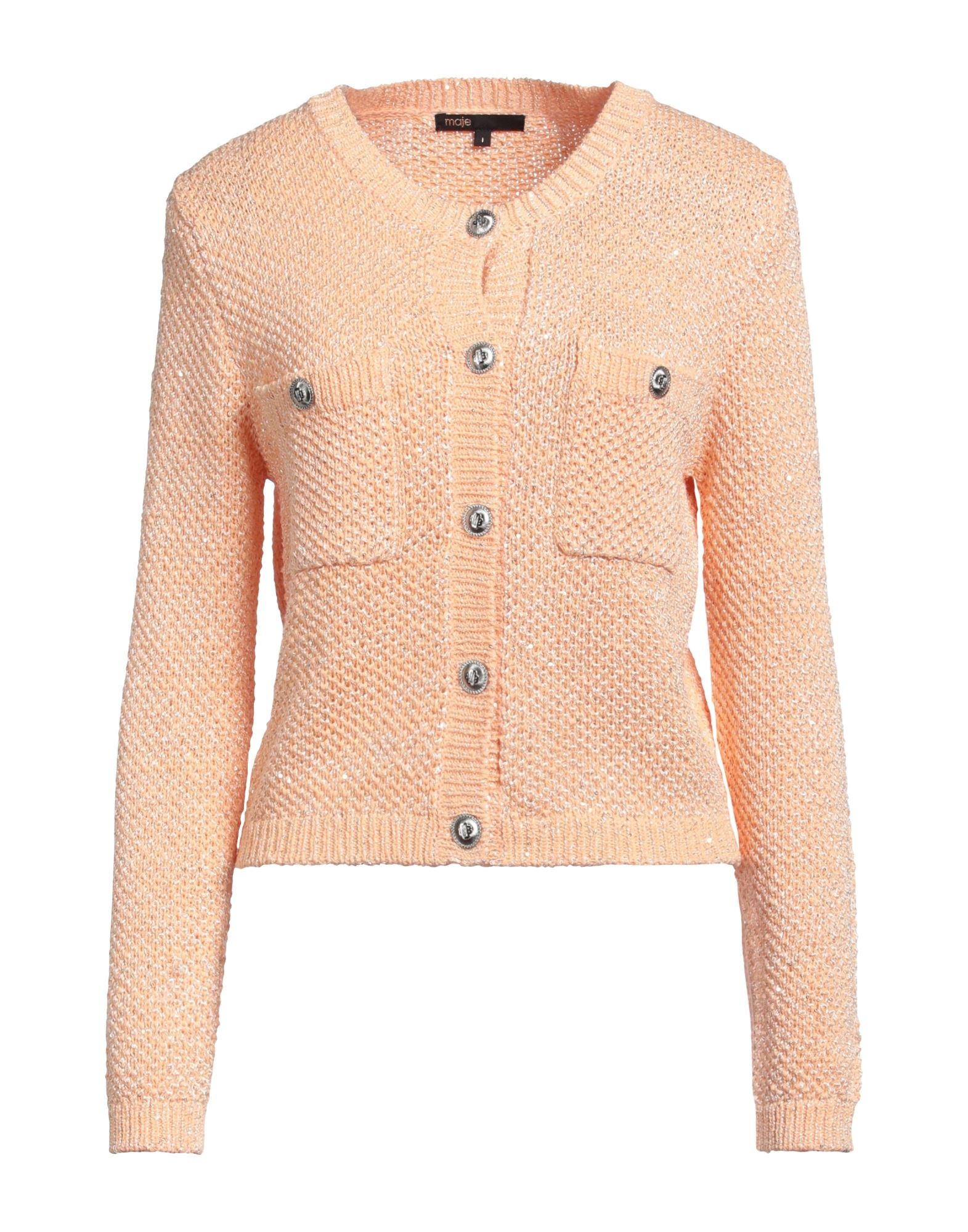 니트 소재, 멜란지 효과, 라이트웨이트 니트, 시퀸, 솔리드 컬러, 크루넥, 롱 슬리브, 버튼 여밈, 멀티 포켓. 이미지