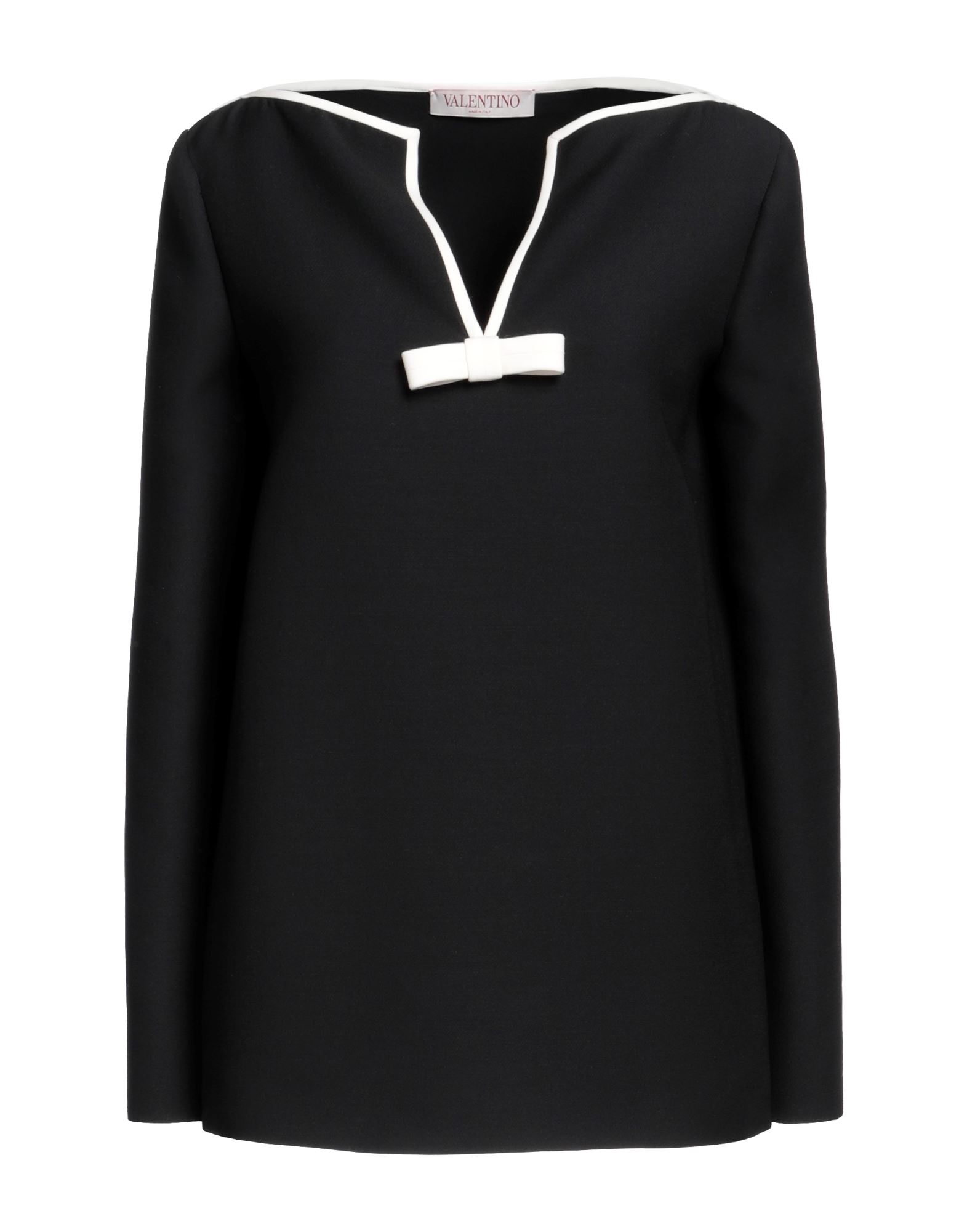 트윌, 보우 디테일, 투톤 패턴, 크루넥, 롱 슬리브, 포켓 없음. 이미지