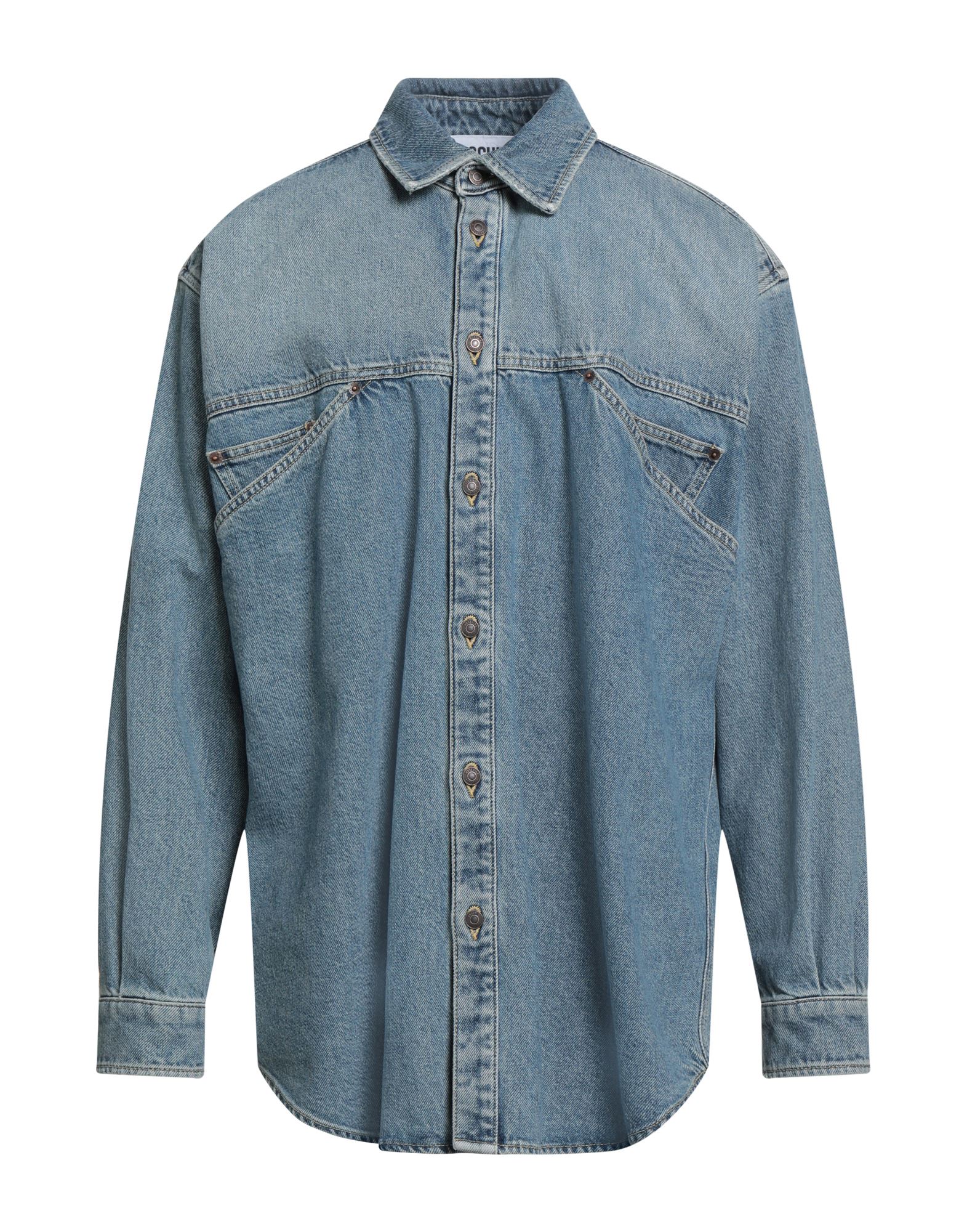 데님, 바랜 효과, 솔리드 컬러, 장식 부착 없음, 미디엄 워싱, 클래식 칼라, 롱 슬리브, 버튼 커프스, 버튼 여밈, 멀티 포켓, 세탁기로 세탁, 표백 금지, 건조기 사용불가. 이미지