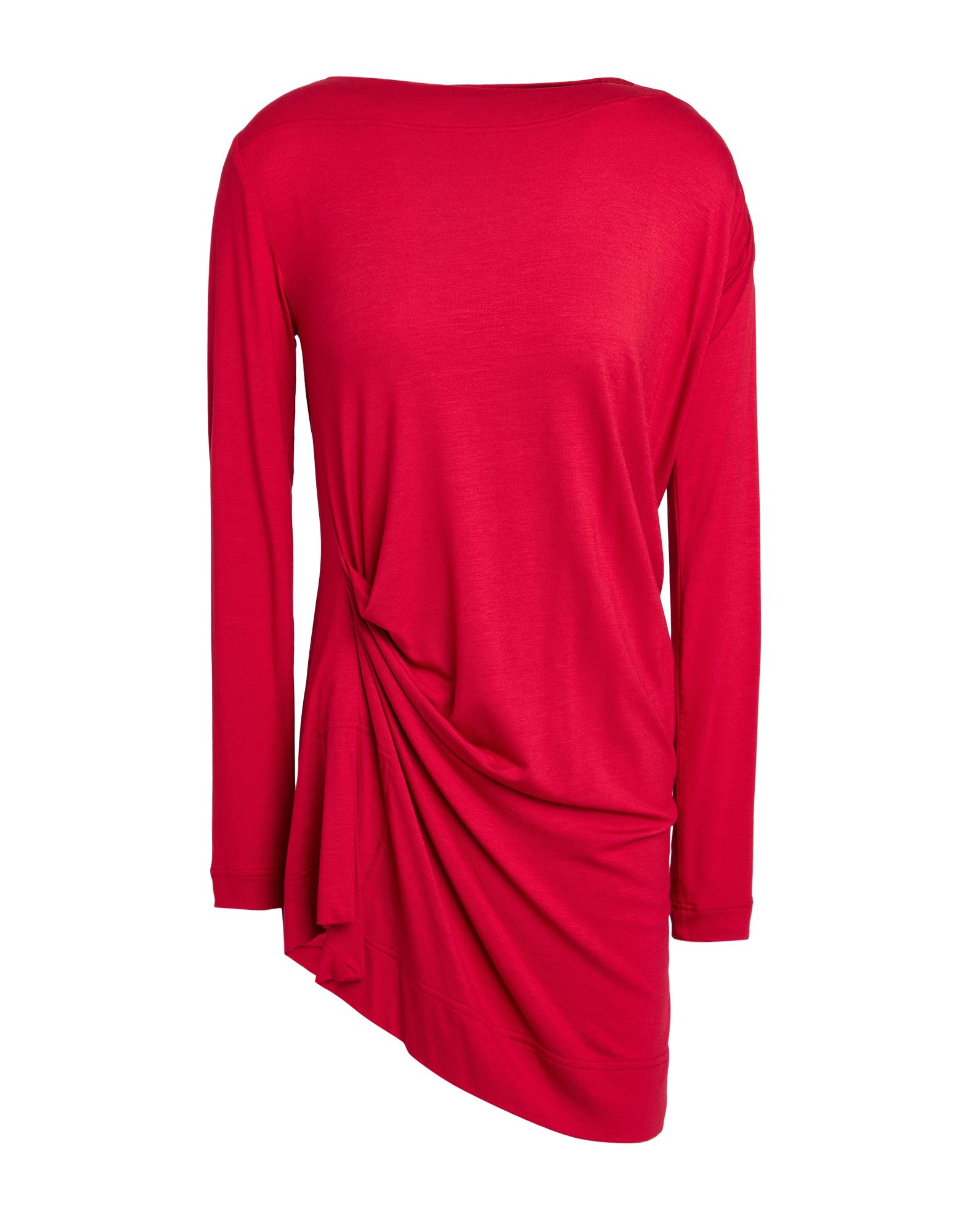 티셔츠, 저지, 솔리드 컬러, 드레이프, 크루넥, 롱 슬리브, 비대칭 헴, 스트레치, 세탁기로 세탁, 건조기 사용불가. 이미지