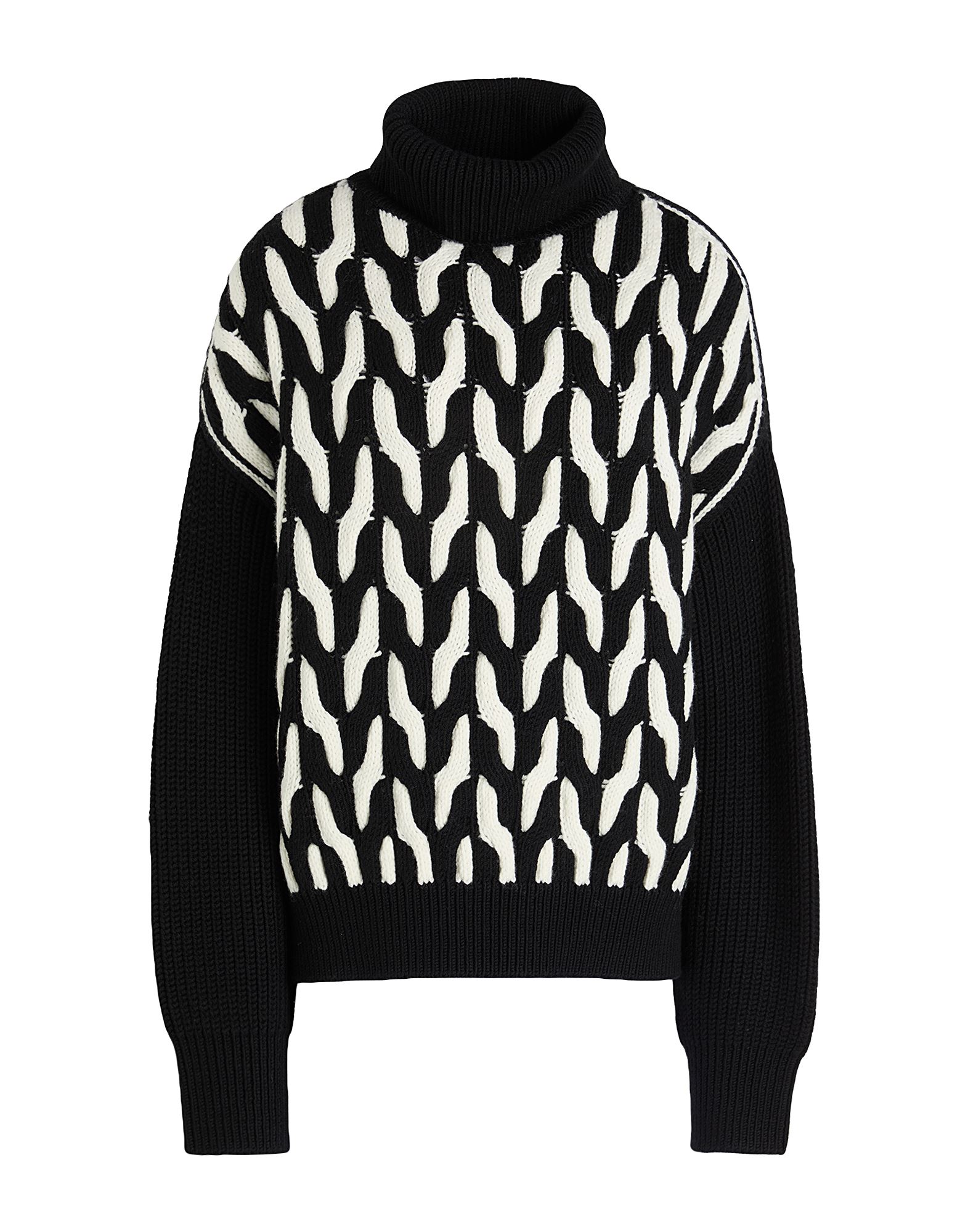 인타르시아 니트, 미디엄웨이트 니트, 브랜드 로고, 투톤 패턴, 터틀넥, 롱 슬리브, 사이드 슬릿 헴라인, 손세탁 또는 드라이클리닝, 표백 금지, 건조기 사용불가. 이미지